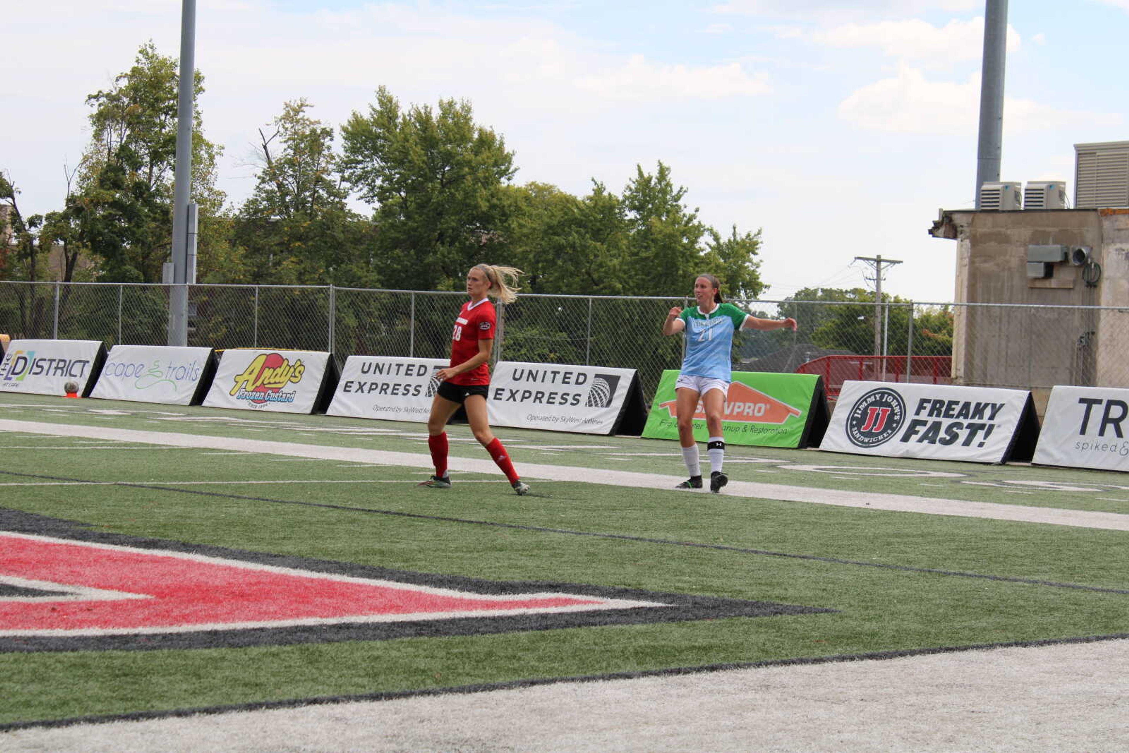 Redhawks sophomore Elizabeth Rater (21) and SIUE junior Sarah Magnoni (28) during the match on Sunday, Sept 18. at Houck Stadium.