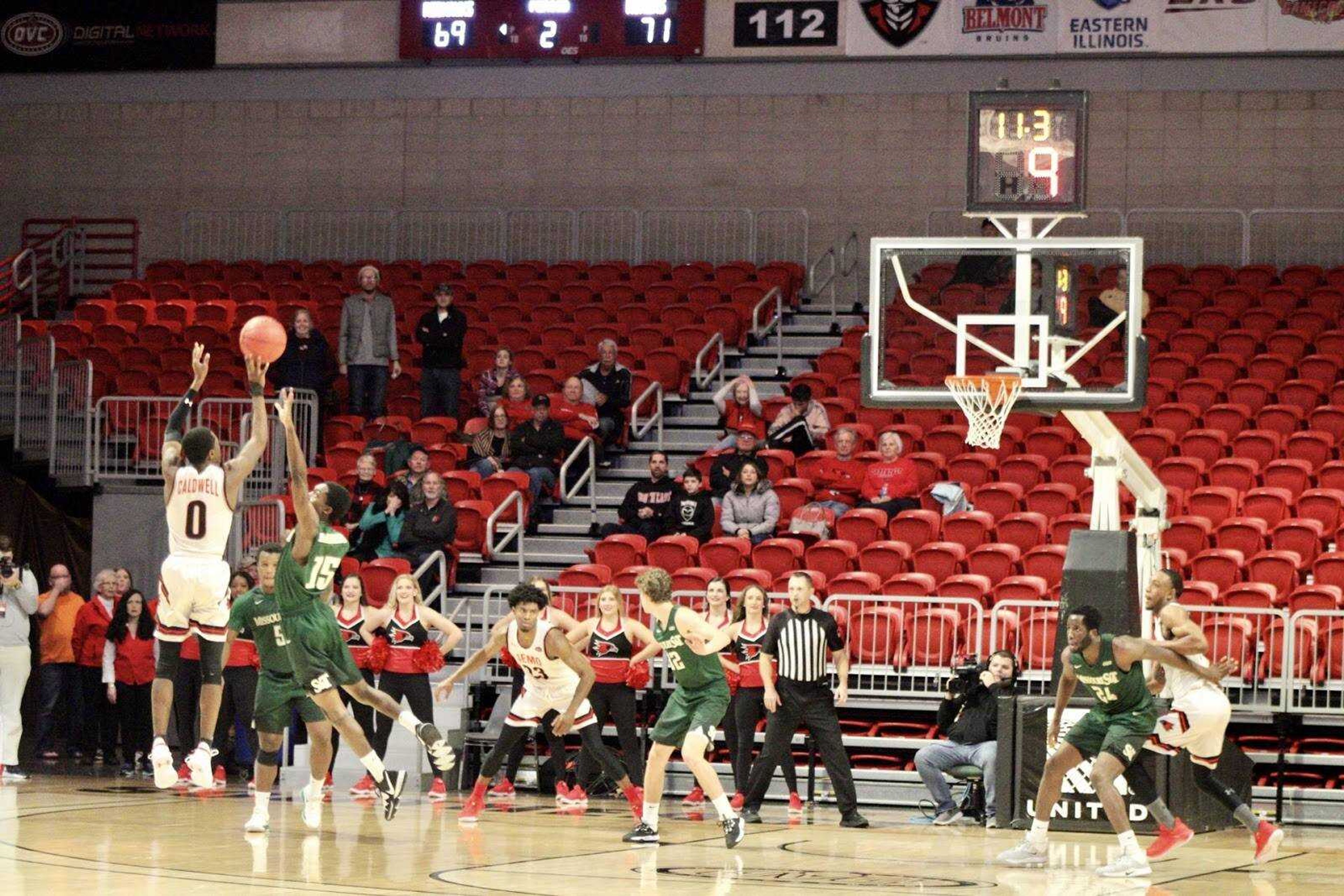 Sophomore guard Alex Caldwell shoots a 3-pointer against Missouri S&T on Nov. 22 at the Show Me Center.