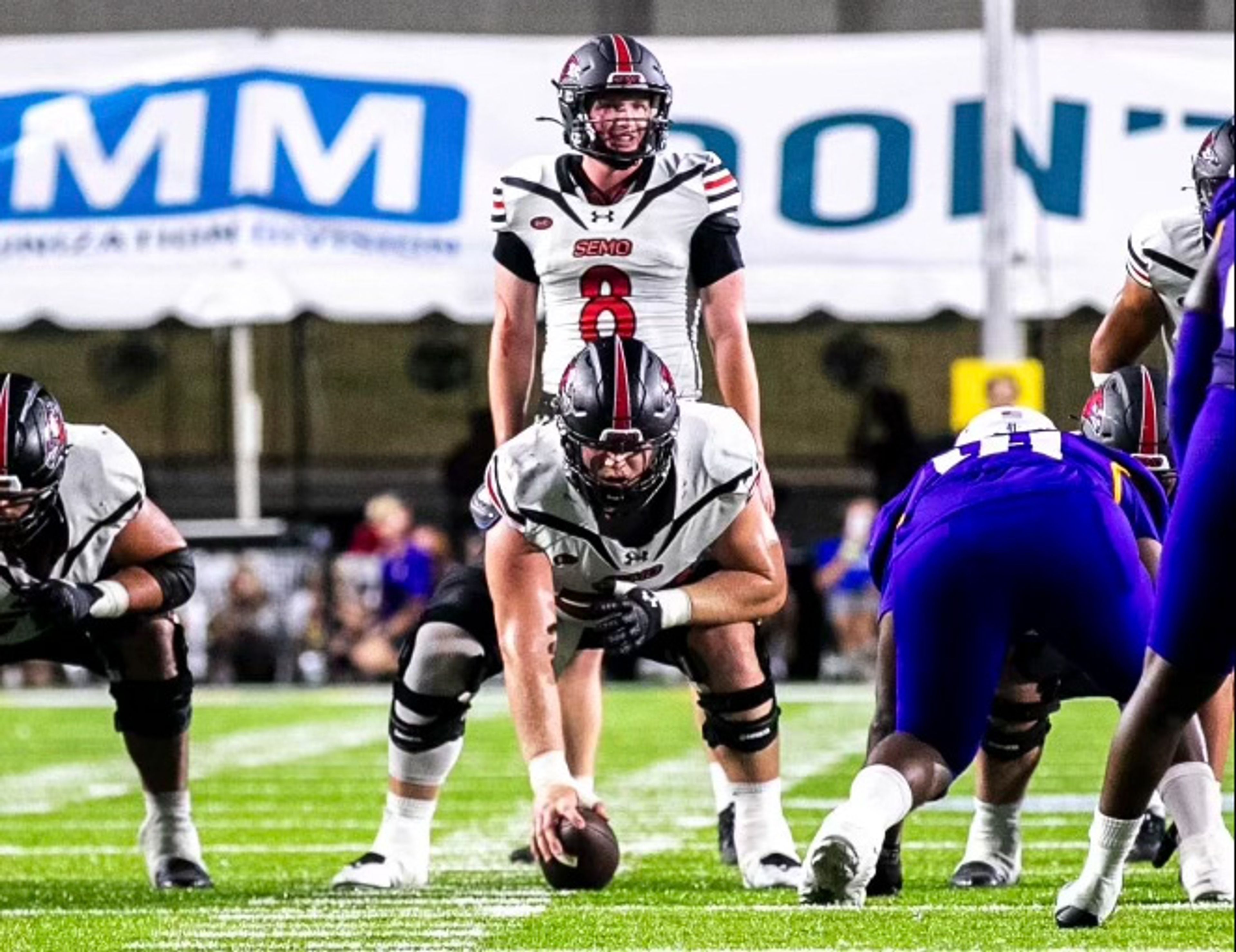 Graduate student center Zack Gieg gets set. The Redhawks played their first game against the University of North Alabama in the FCS Kickoff Classic, on Aug. 24, helping lead the Redhawks to a 34-15 win.