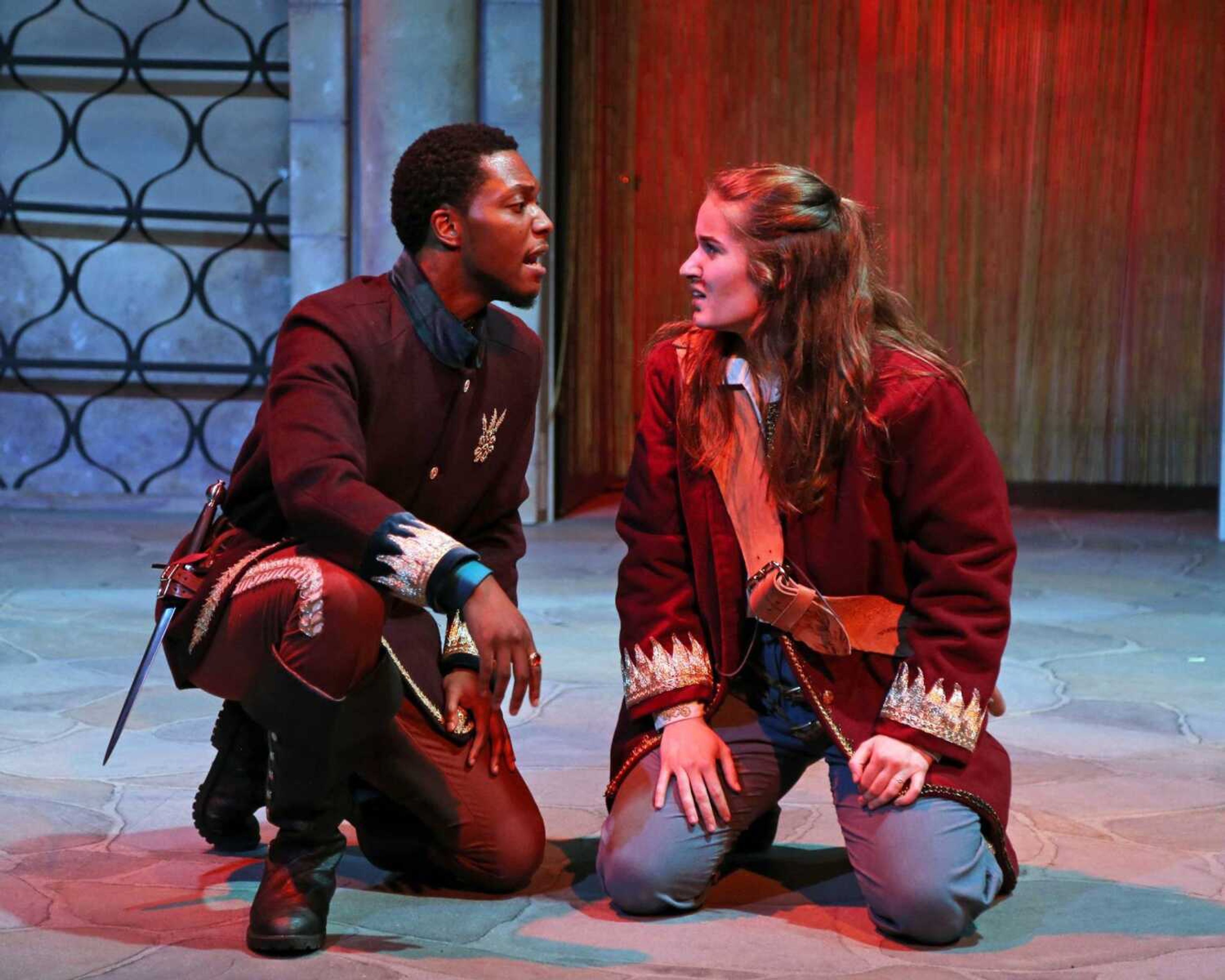 Senior Jay Wade, playing Iago, and senior Alex Burke, playing Cassio, in the River Campus’ production of “Othello” which premiered April 24.