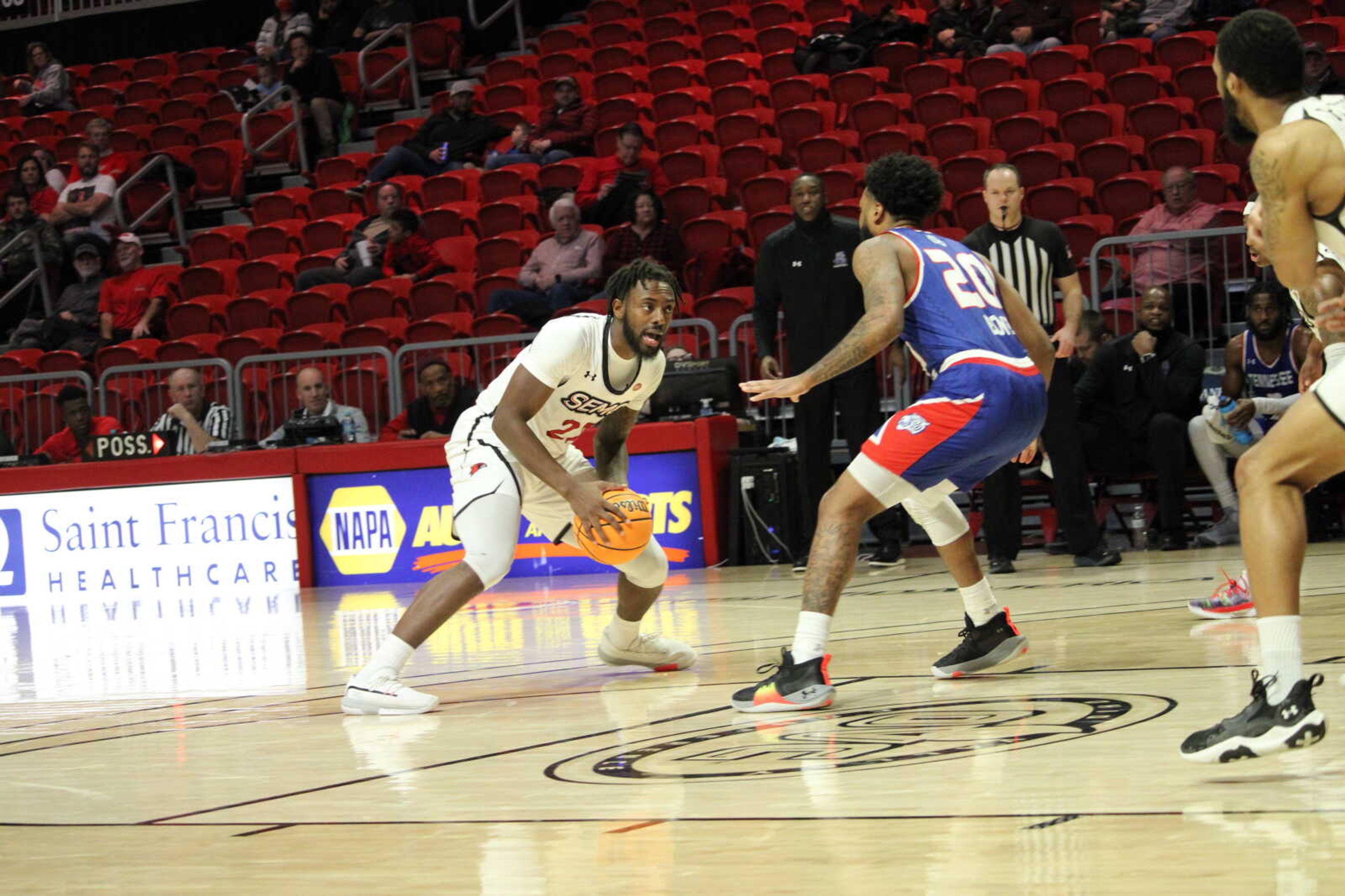 Redshirt junior guard Nana Akenten drives the lane during Southeast's 85-63 win over Tennessee State at the Show Me Center in Cape Girardeau.