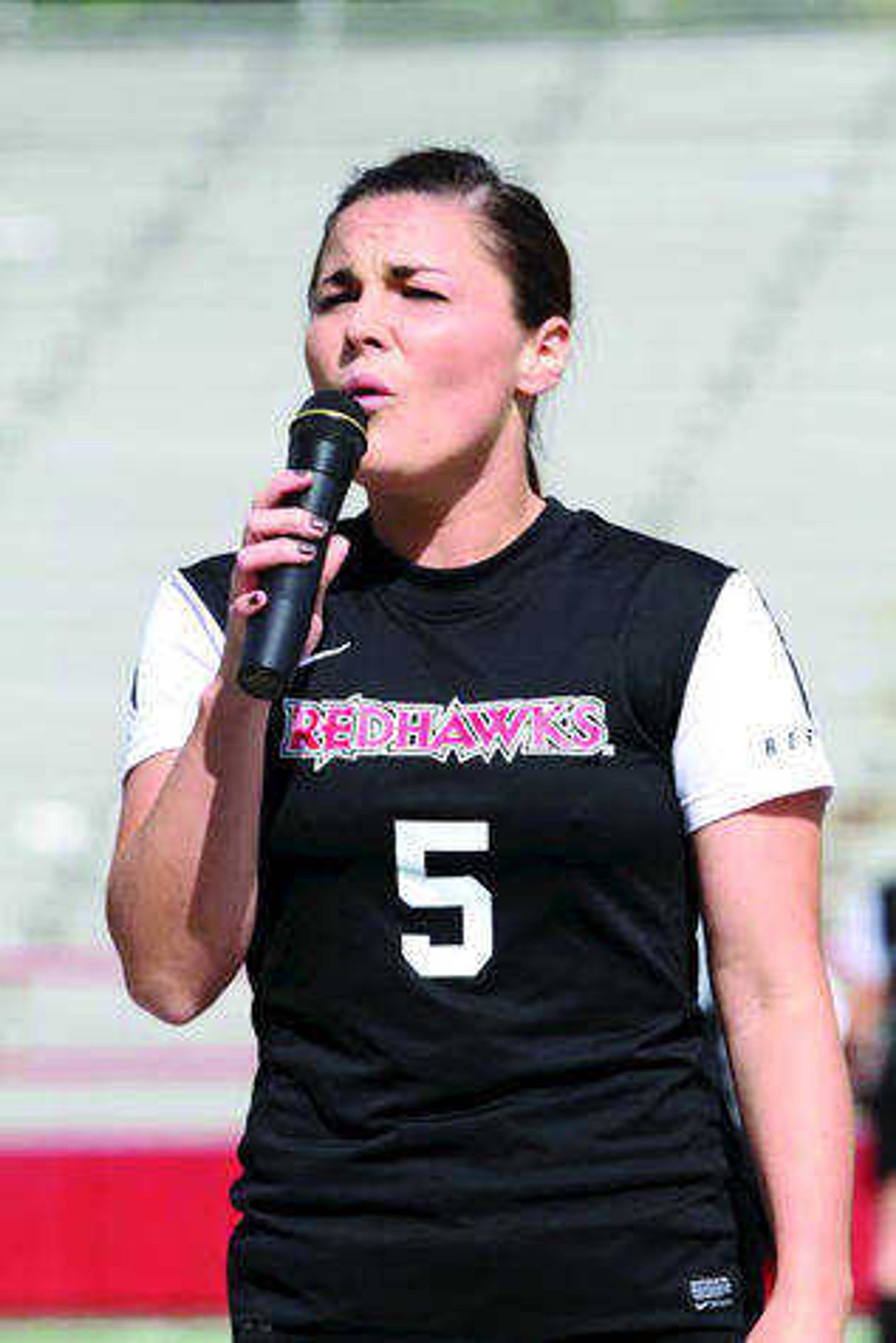 Ellie Hight singing the The Star-Spangled Banner for Senior Day on Oct. 19 at Houck Stadium. Photo by Marc Mahnke/Southeast Missouri Sports Information