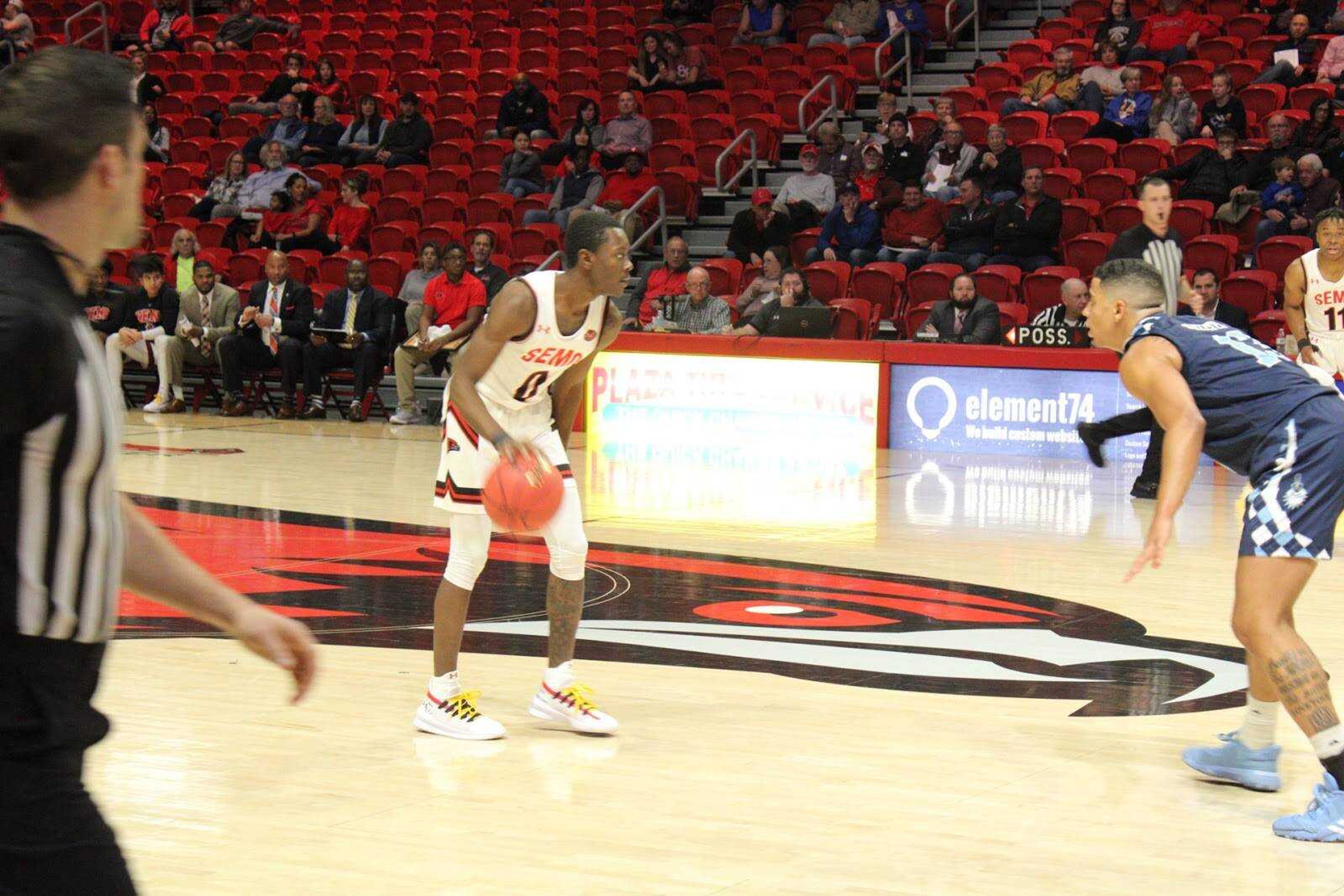 Sophomore guard Alex Caldwell dribbles up the court against Citadel on Nov. 20 at the Show Me Center.