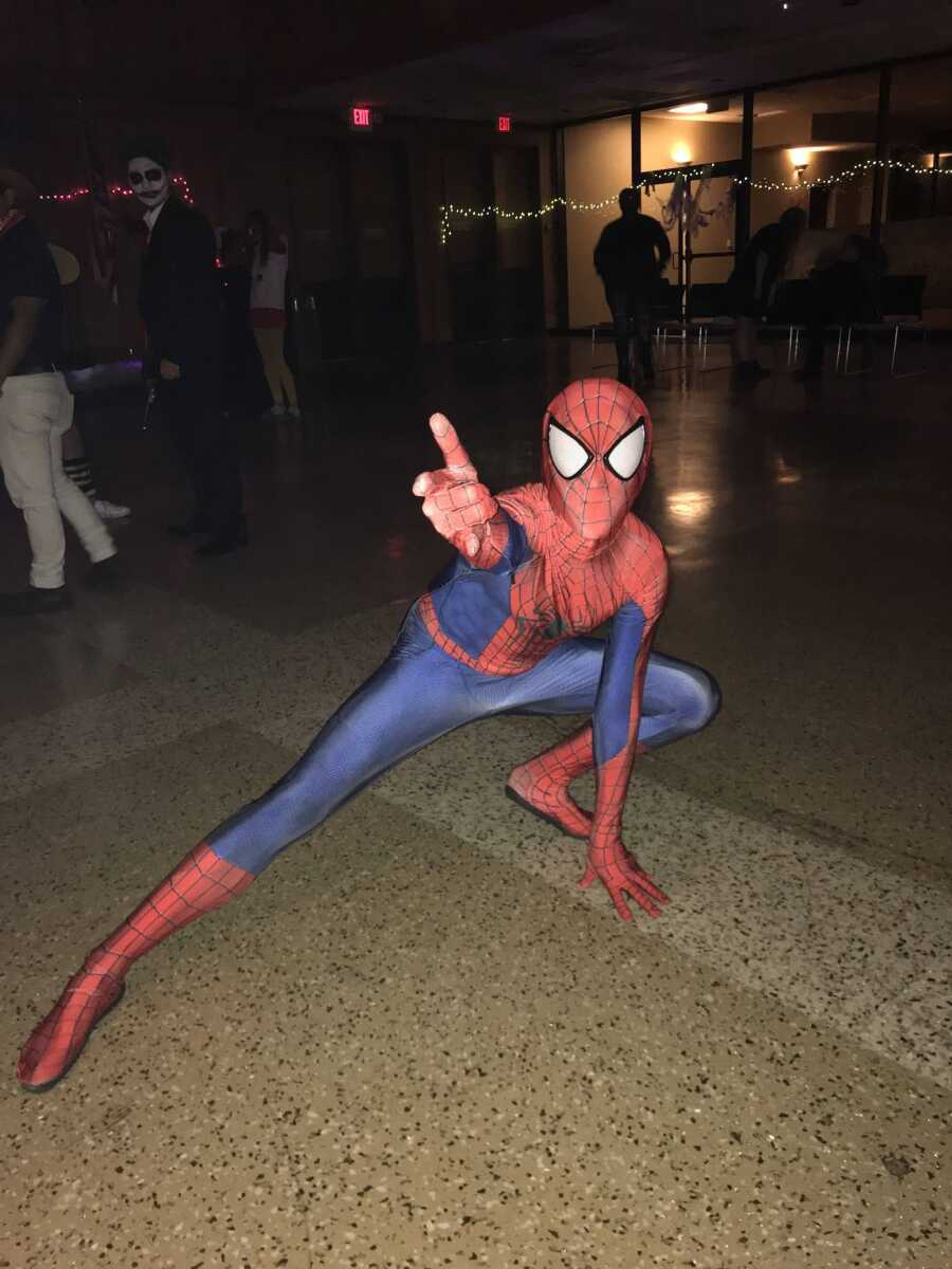 Joey Taylor dressed as Spider-Man. 
