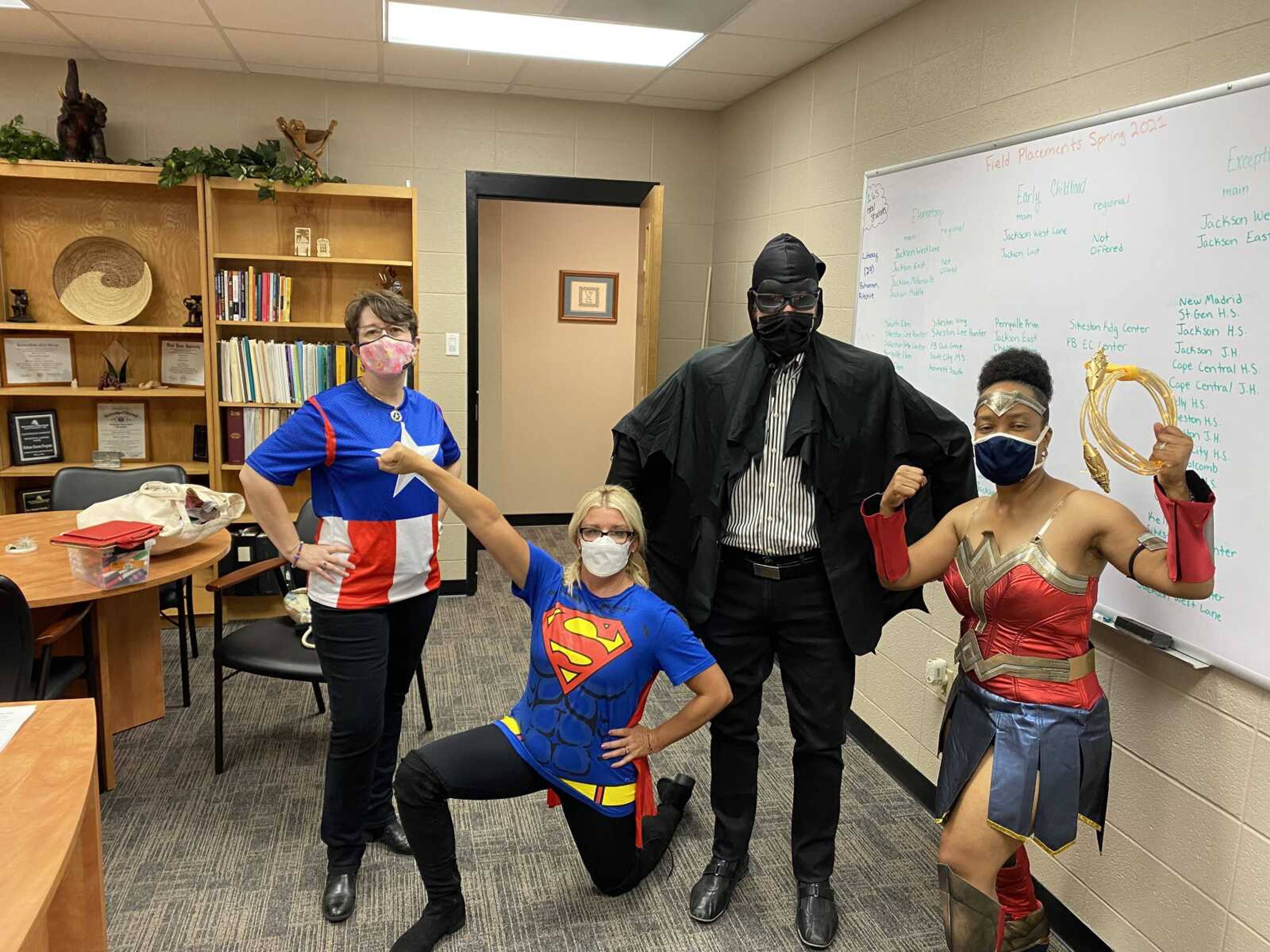 Mrs. Charlotte McNeary, Dr. Brandy Hepler, Dr. Larry Bohannon and Dr. Shonta Smith (Left to Right) on Superhero Thursday.