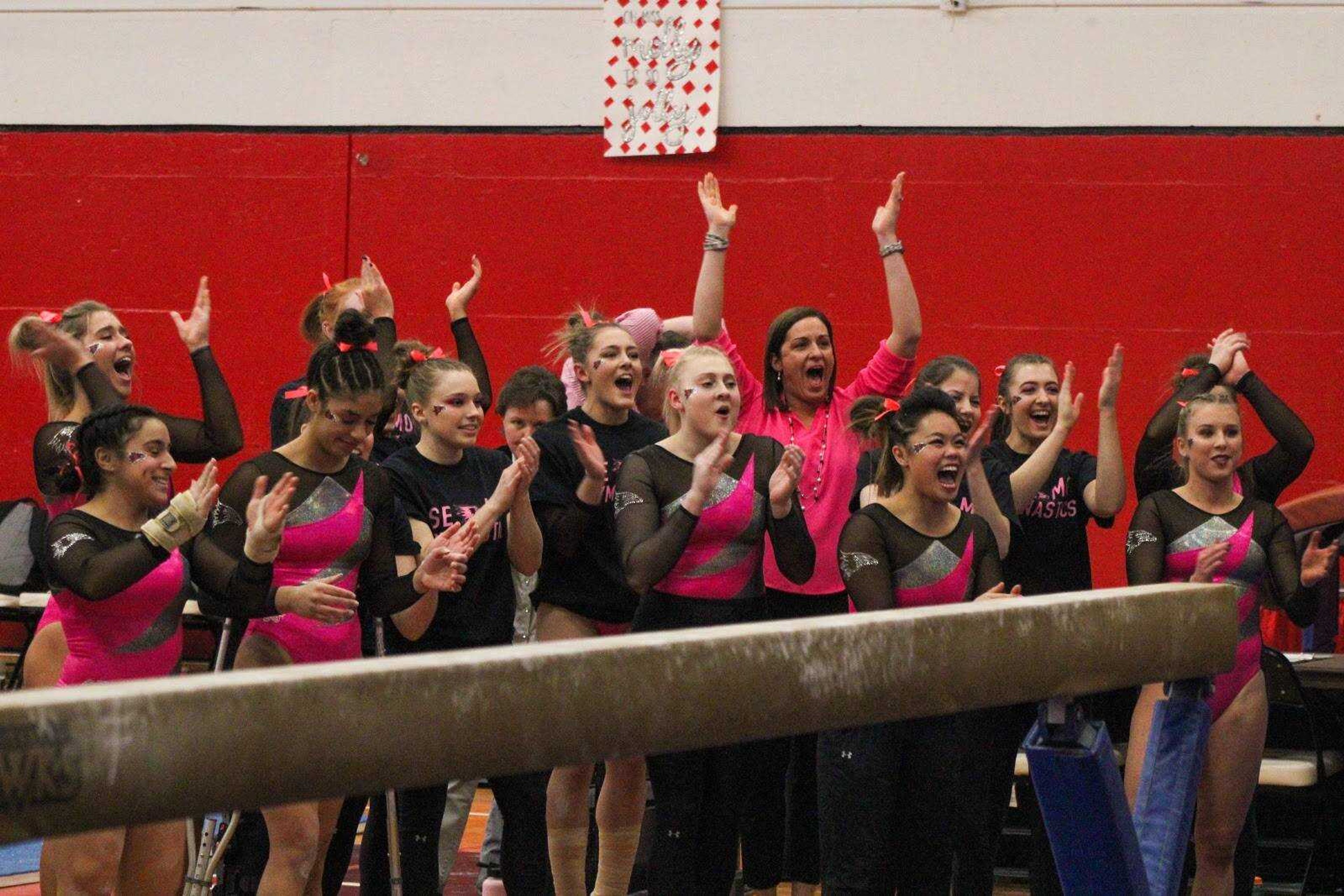 The Southeast gymnastics team cheers on a Redhawk during their home meet at the Parker Building on Feb. 7.