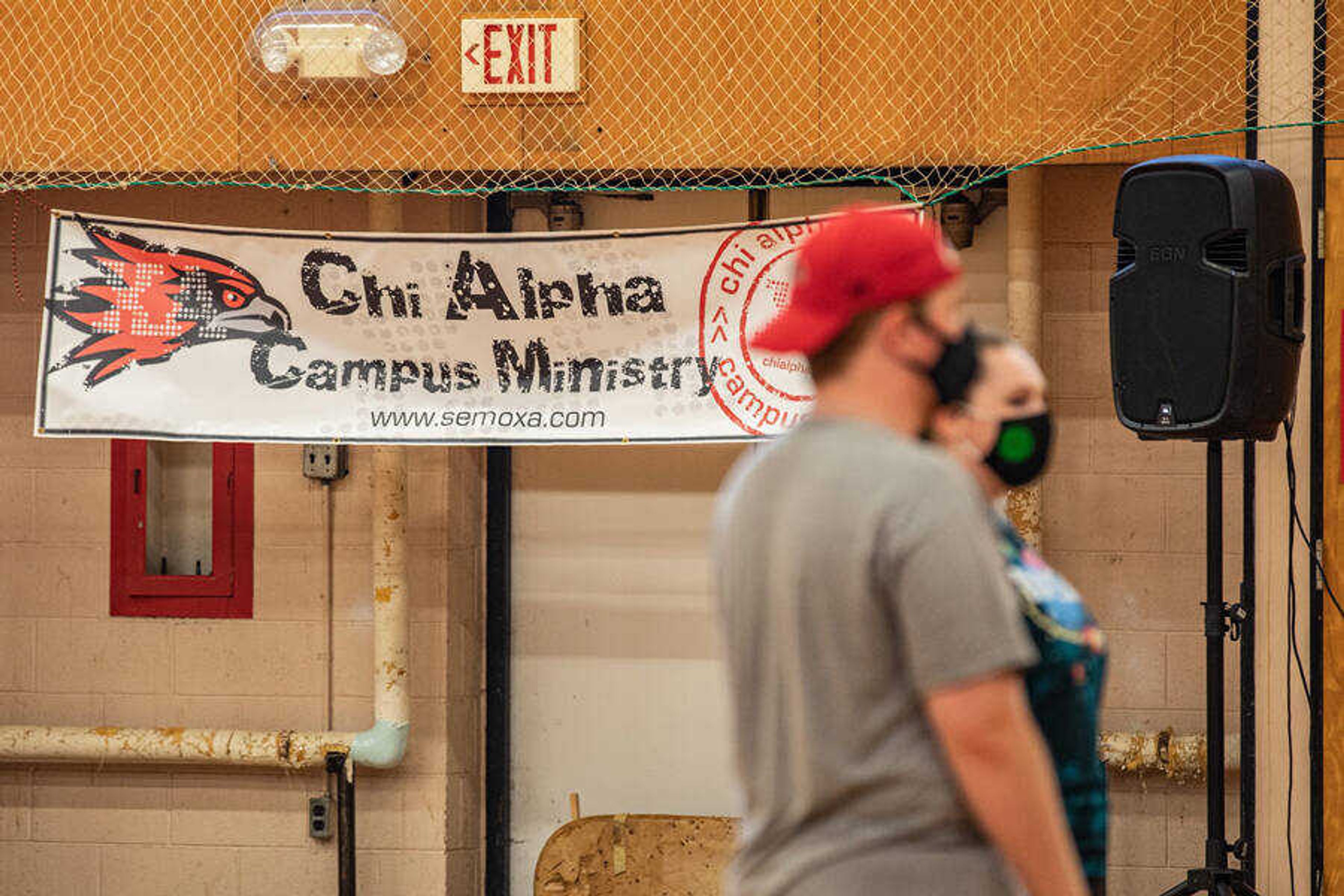 A Chi Alpha Campus Ministry banner hangs in the background of the bazooka ball event held on Aug. 31 in Parker Hall.