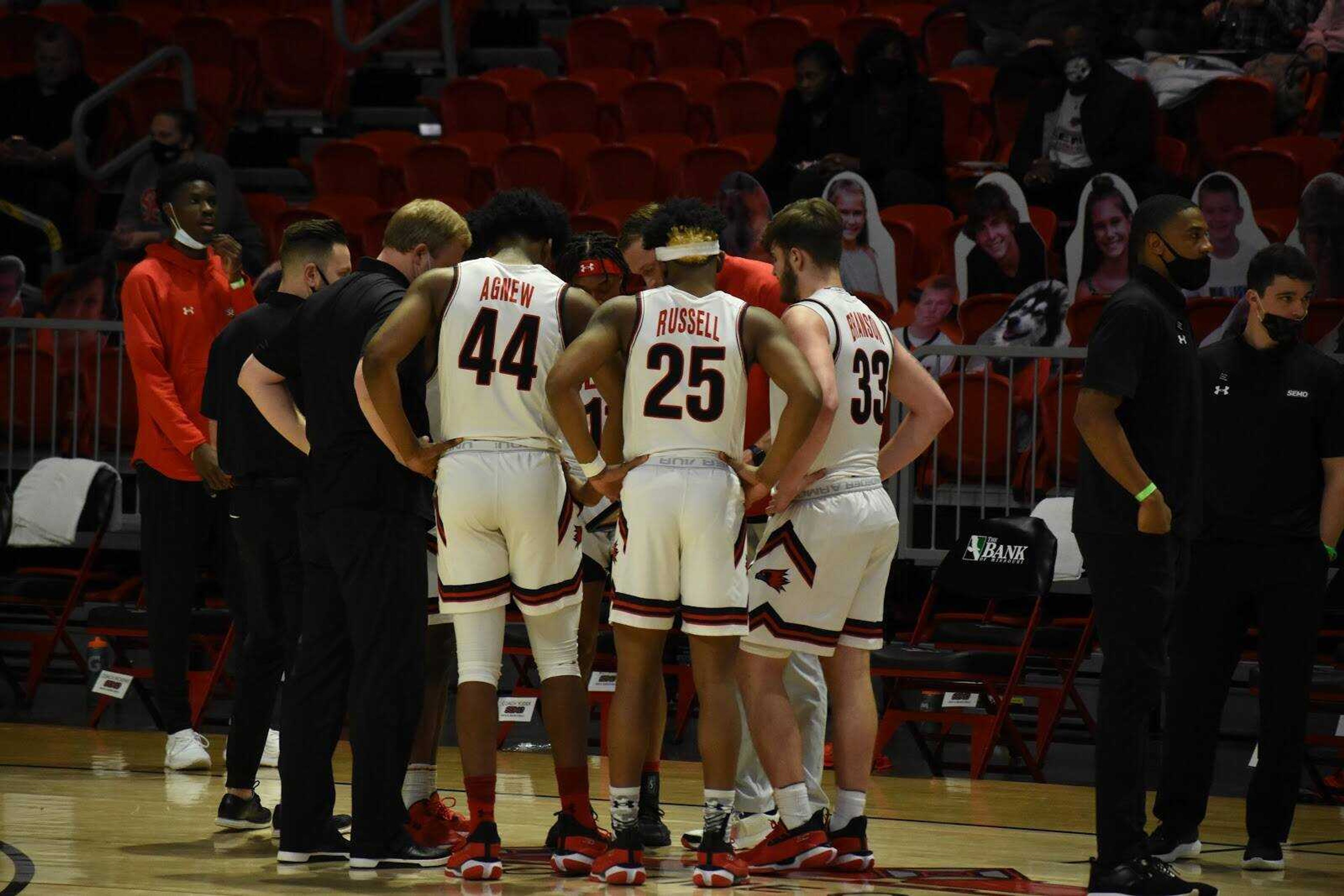 The Redhawks get instruction from Head Coach Brad Korn during Southeast's 94-72 win over Eastern Kentucky on Feb. 20 at the Show Me Center in Cape Girardeau.