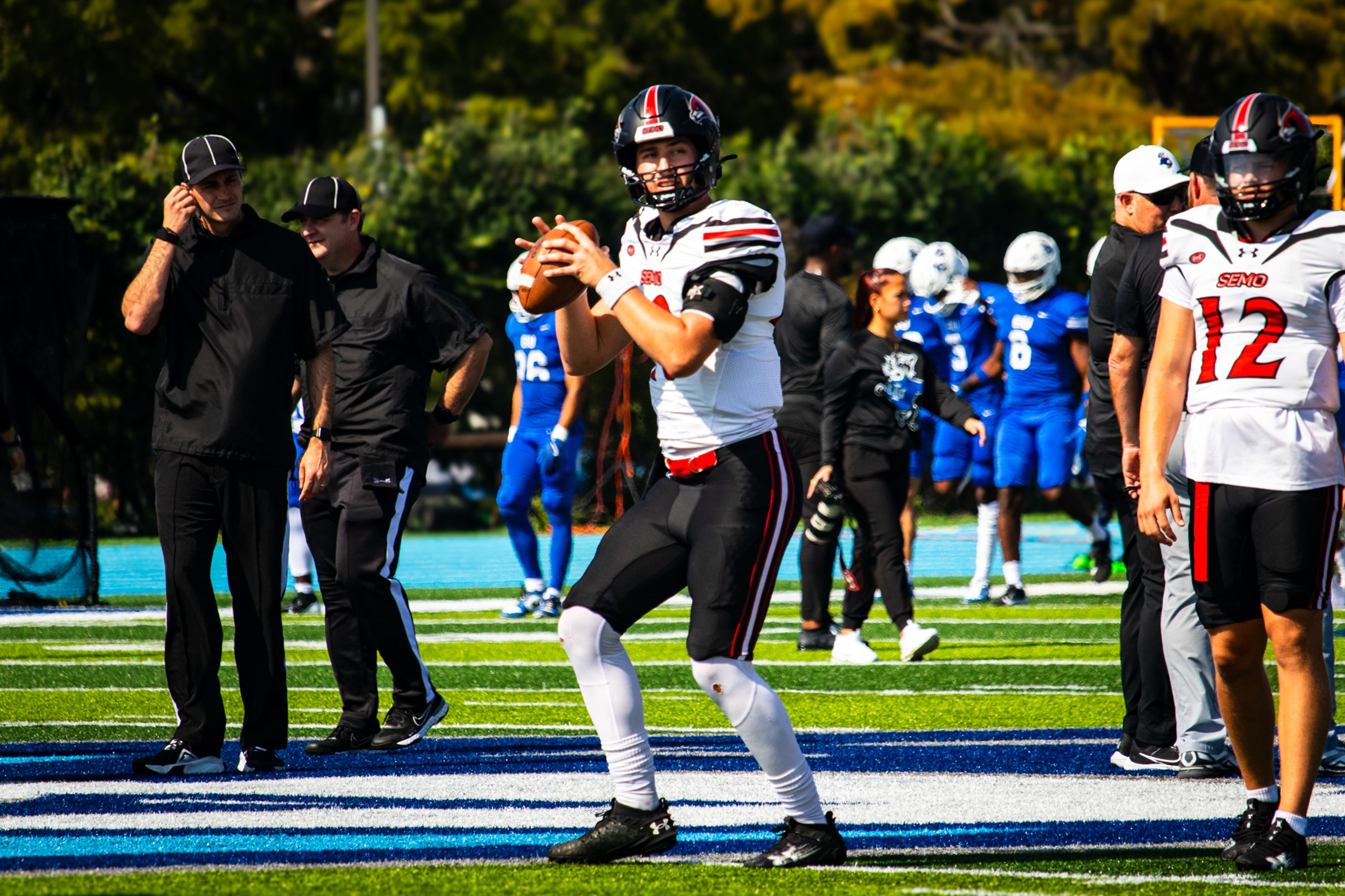 Senior quarterback readies to throw in pregame against EIU.