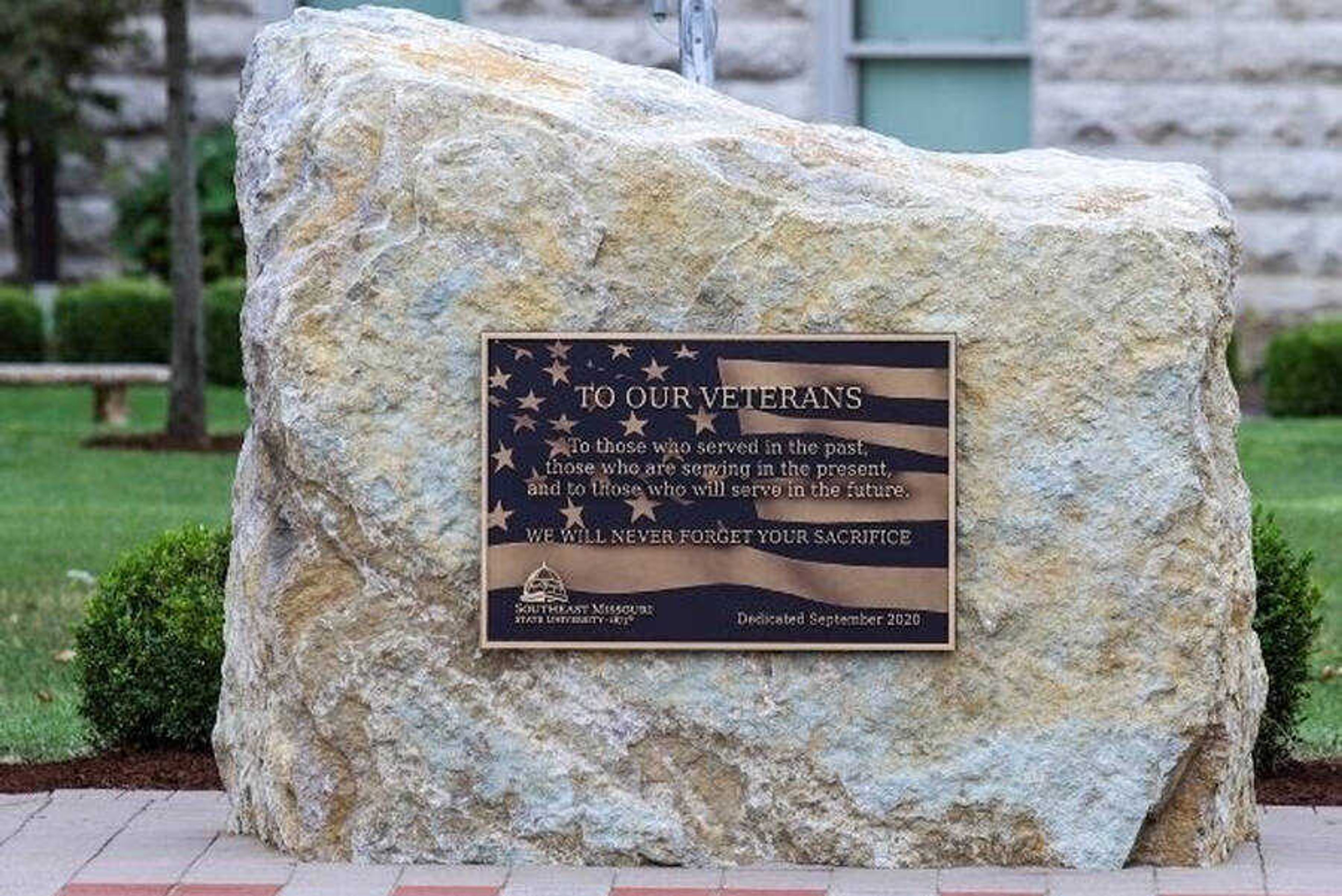The monument and engraved bricks at the Veterans Plaza dedication ceremony on Sept. 25.
