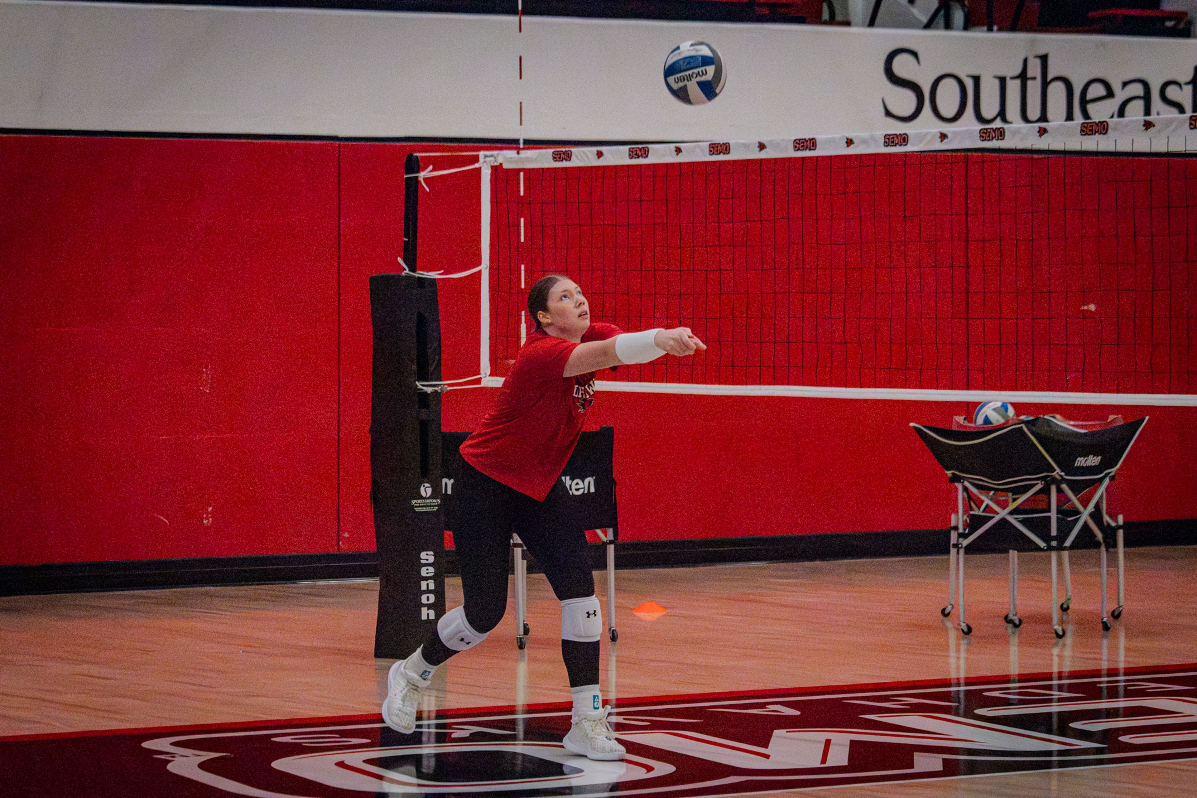 SEMO right side hitter Abby Johnson bumps a ball in practice.