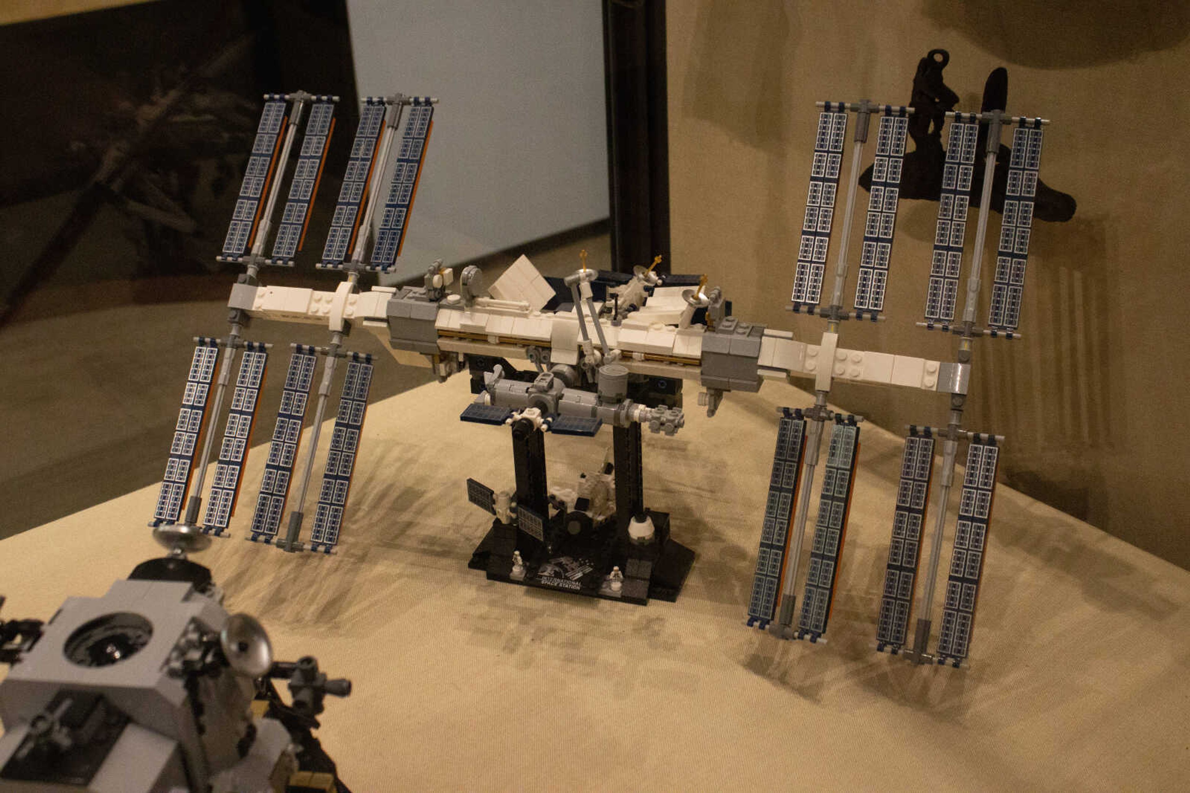 A Lego build of the International Space Station is on display in the Crisp Museum. This space station contains 864 individual pieces.