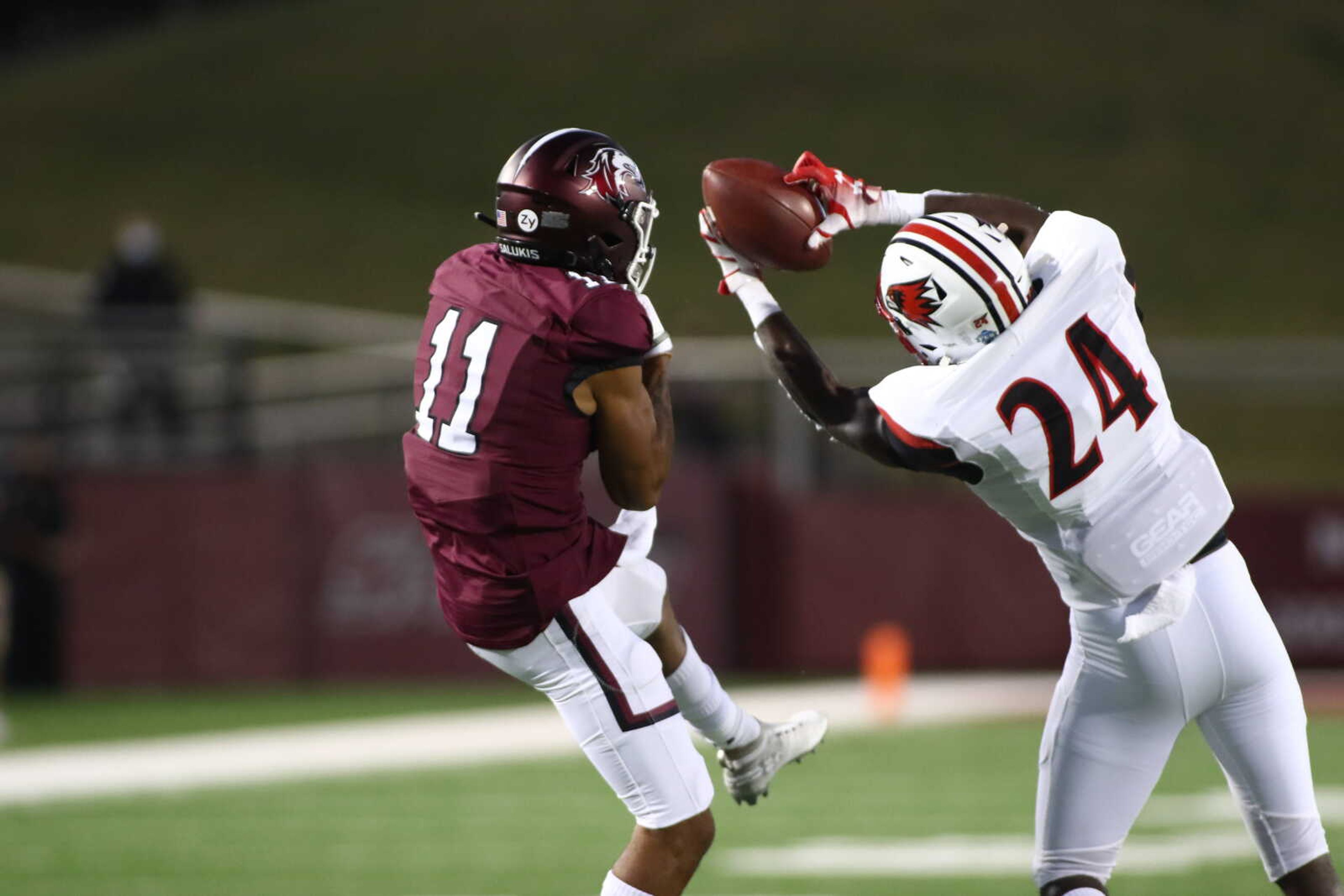 Graduate Student Shabari Davis intercepts a pass in the first quarter of the 20-17 loss to Southern Illinois on Oct. 30, 2020 at Saluki Stadium in Carbondale, Ill.