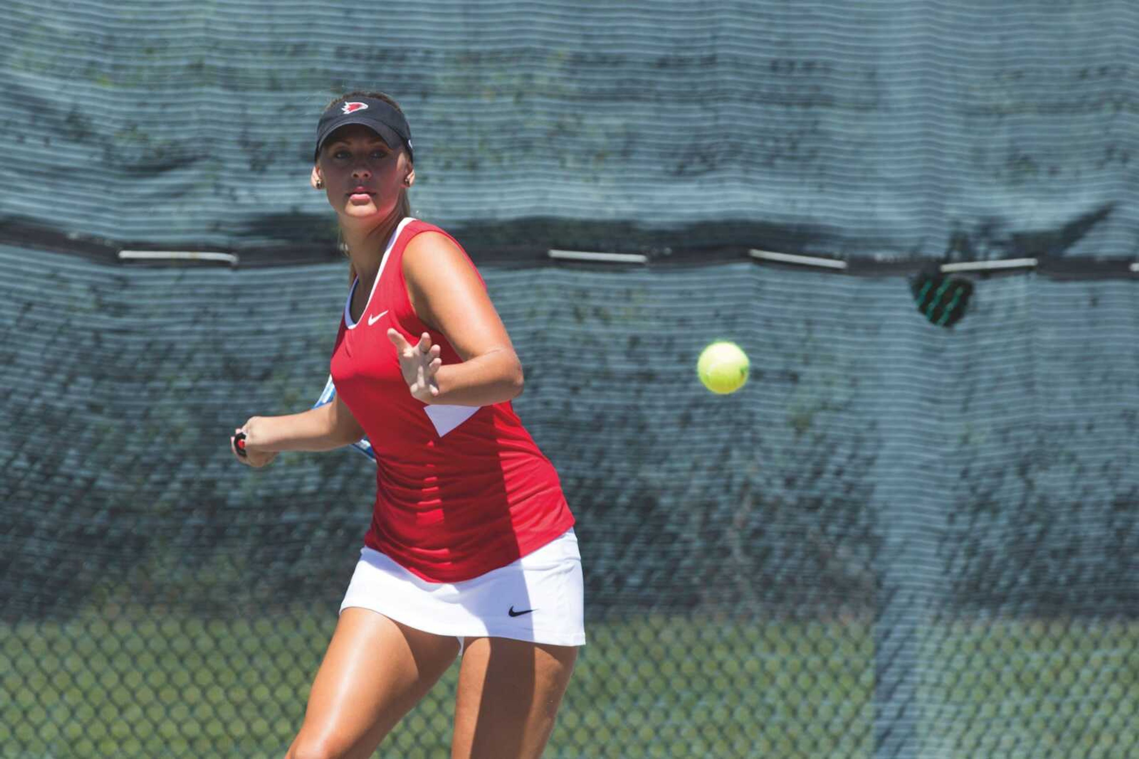 Sophomore Mariya Kostiuk swings to return the ball during a tennis match for Southeast Missouri State.