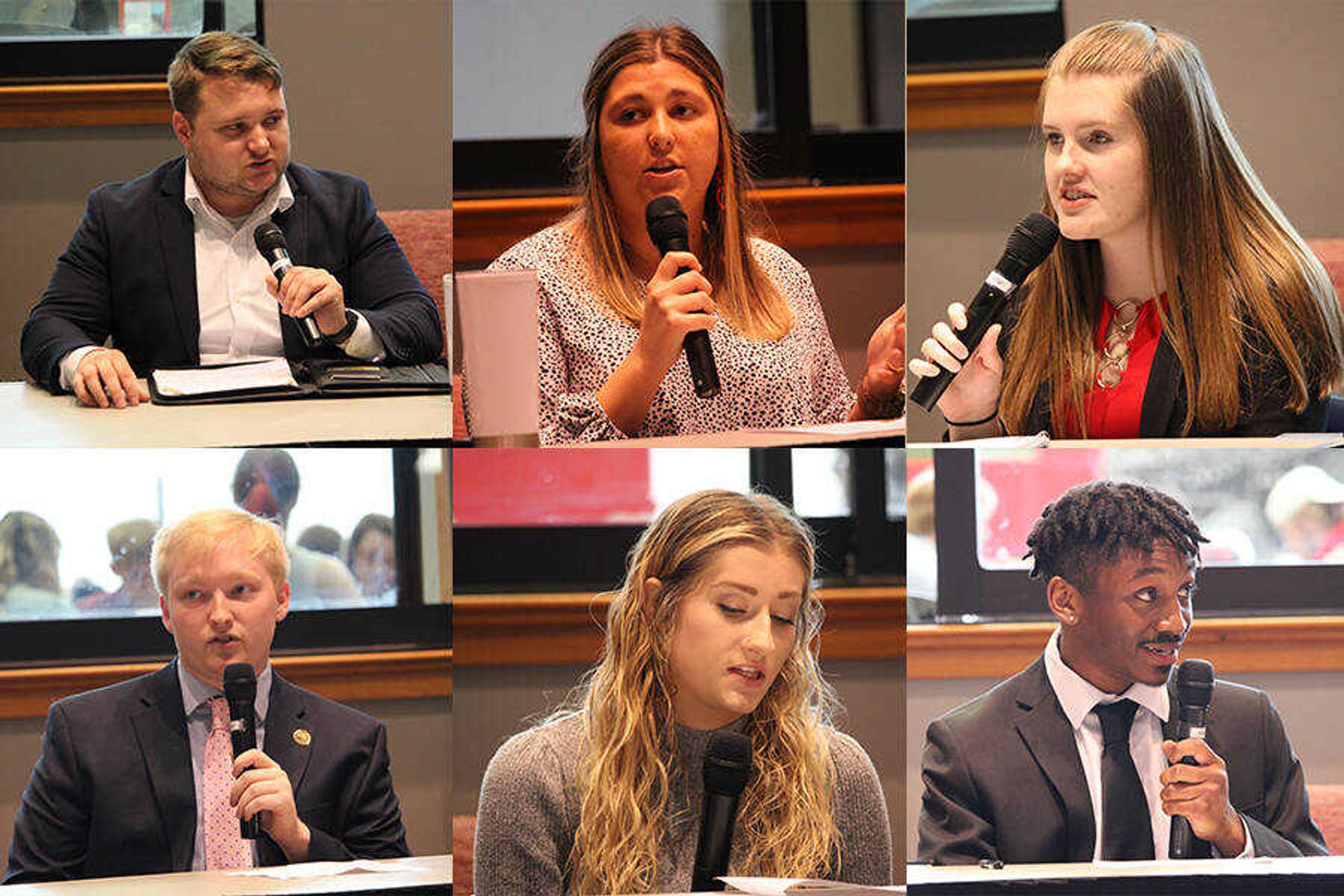 [Top: Left to Right] Ignite Innovation presidential candidate Joel Philpott, vice presidential candidate Natalie Augustyn and treasurer candidate Heather Hoffman speak at the SGA debate on March 30. [Bottom: Left to Right] The SEMO Experience presidential candidate Luke Collins, vice presidential candidate Sophie Machen and treasurer candidate Tyrell Gilwater speak at the SGA debate on March 30.