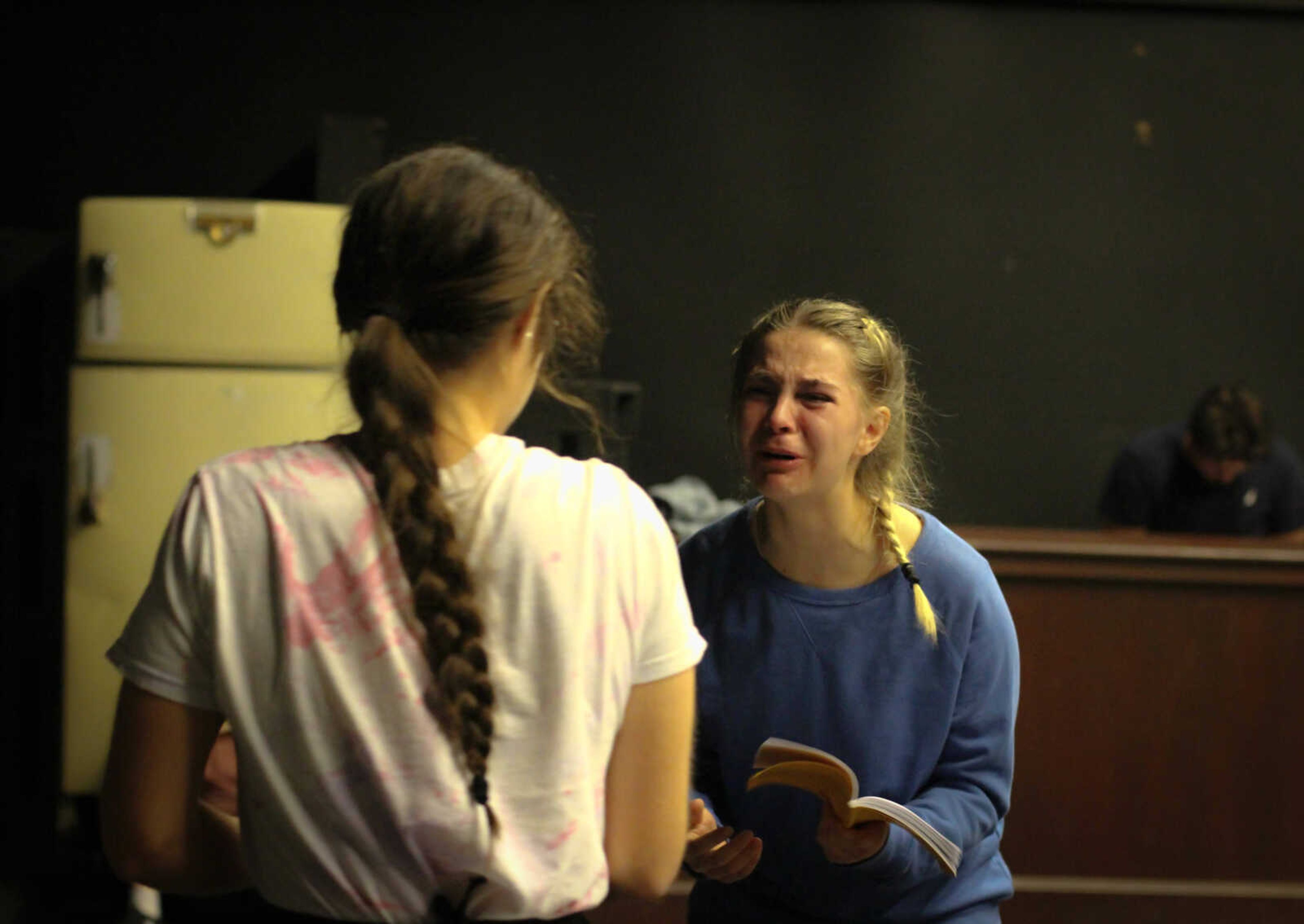 MacKenzie Hamilton and Dempsey Hankins perform a scene at "Our Town" rehearsal.