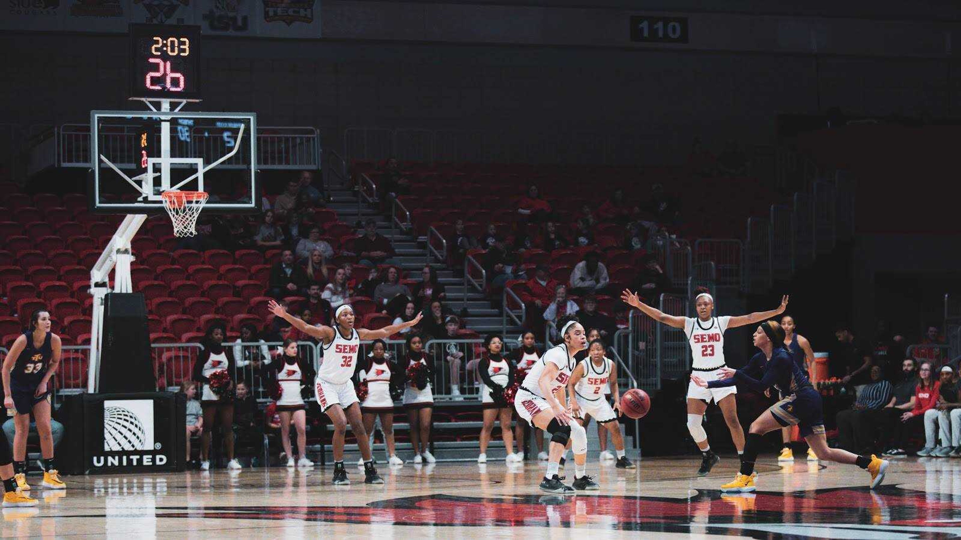 Junior guard Tesia Thompson and the Redhawks defense guard against the Tennessee Tech offense on Feb. 8 at the Show Me Center.