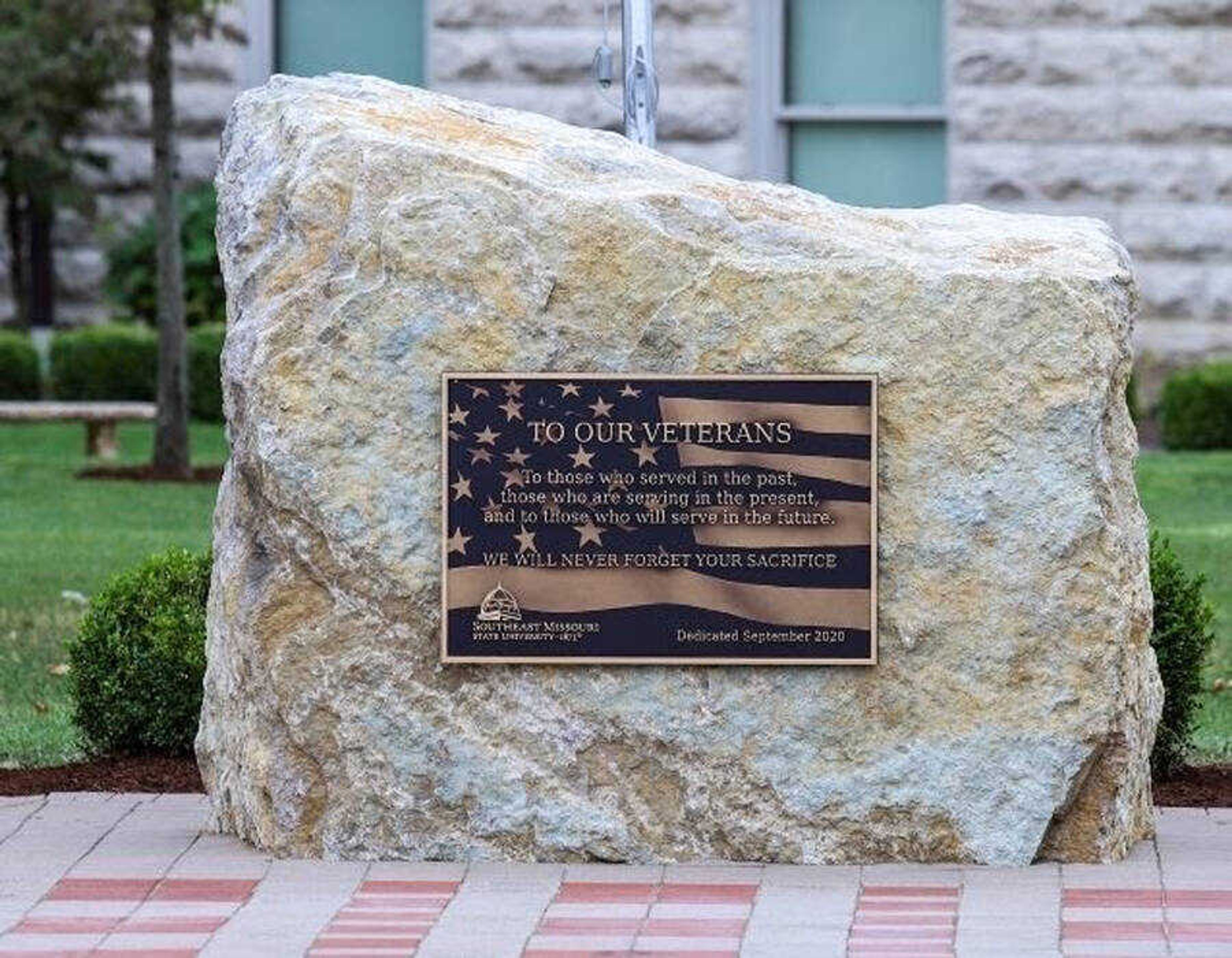 The monument and engraved bricks at the Veterans Plaza on Southeast’s campus. The memorial was in planning and fundraising for years before being dedicated in September 2020.