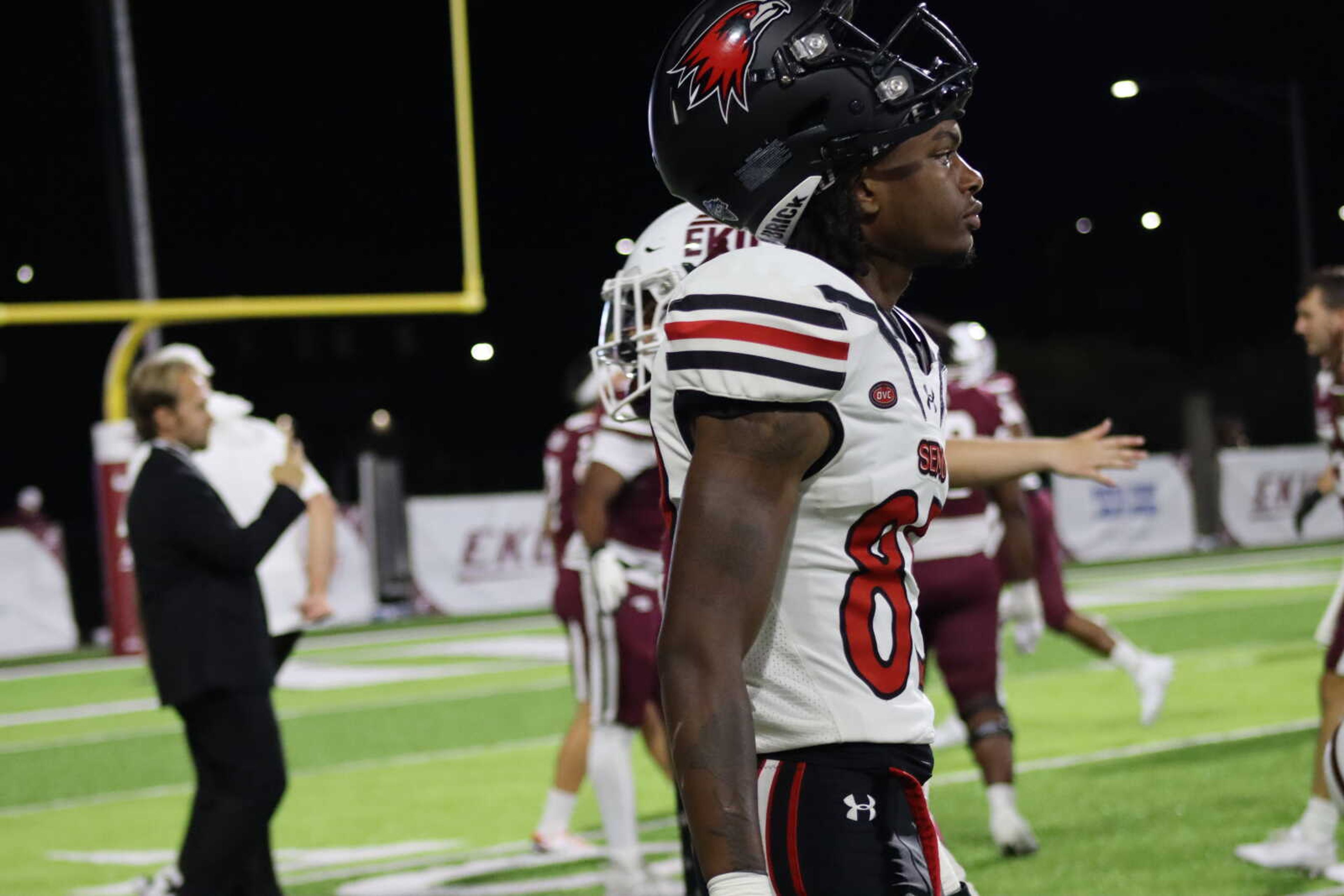 Sophomore wide receiver Octavius Henderson (85) walks off the field following SEMO's 38-41 loss at Eastern Kentucky on Sept. 23.