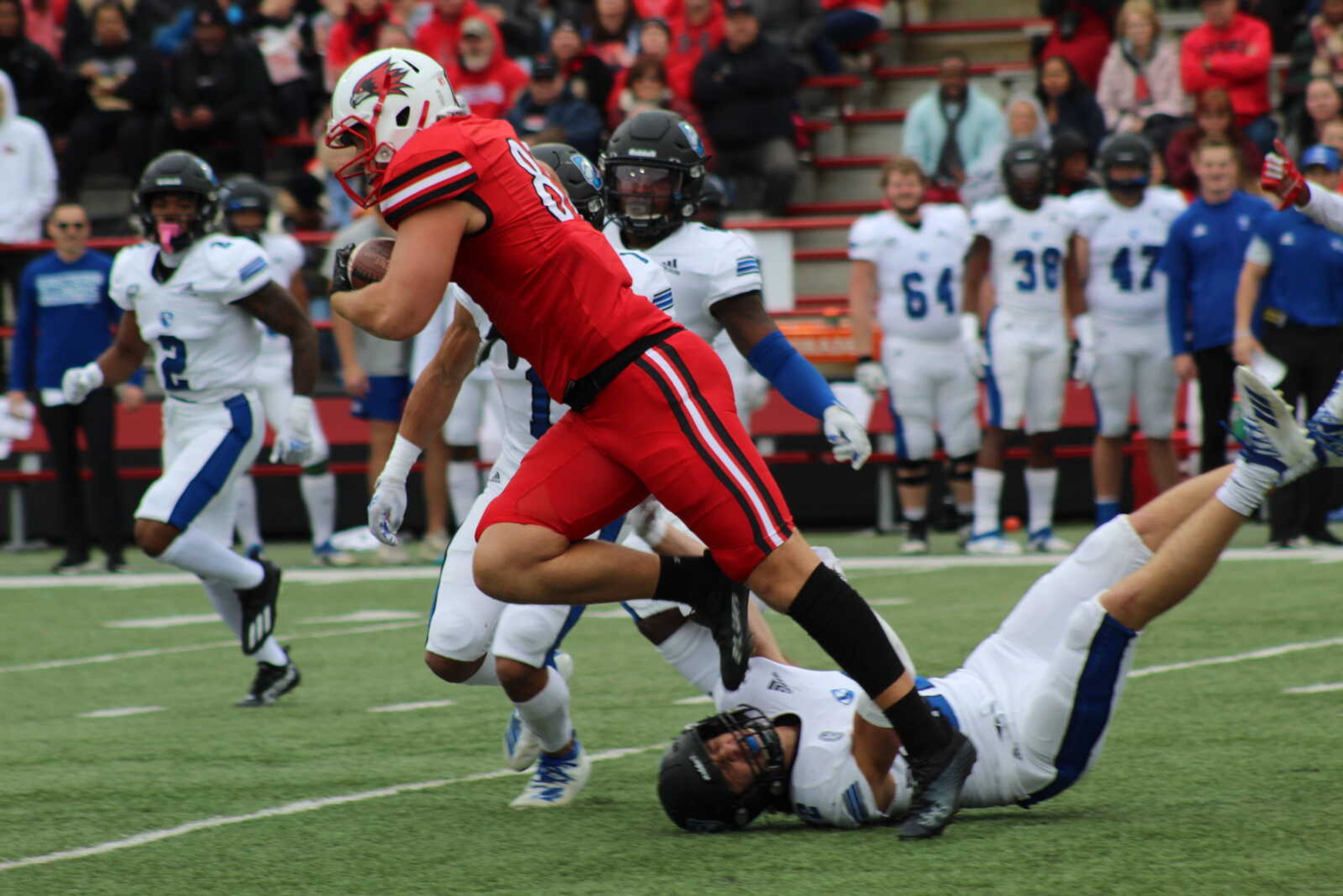 Senior tight end Caleb Strauss runs the ball down the field in SEMO's Homecoming game against Eastern Illinois on Oct. 30. Southeast brought home the win 38-15.