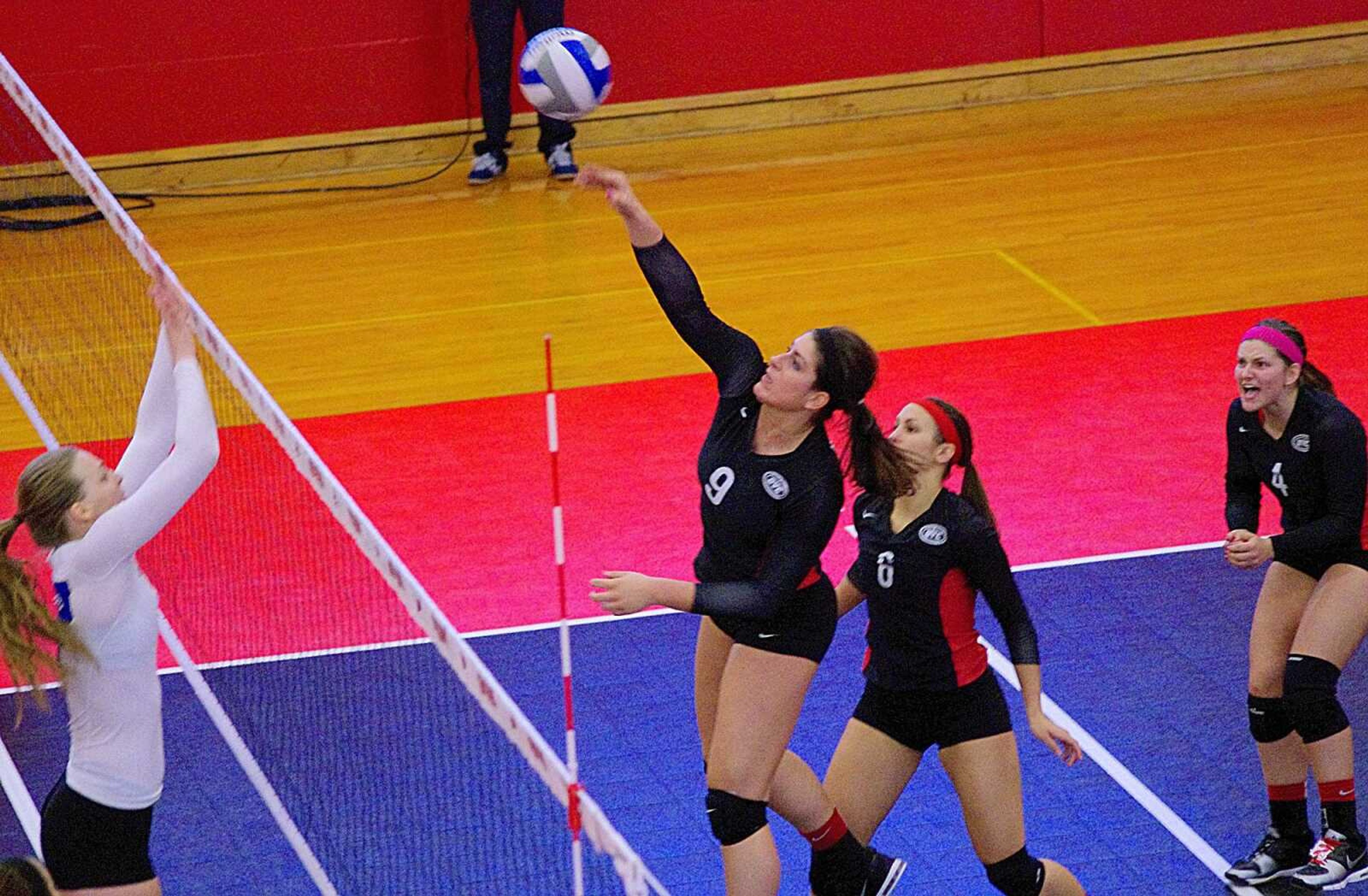 Southeast middle blocker Taylor Masterson spikes the ball during an Oct. 27 game against Eastern Illinois. Photo by Nathan Hamilton