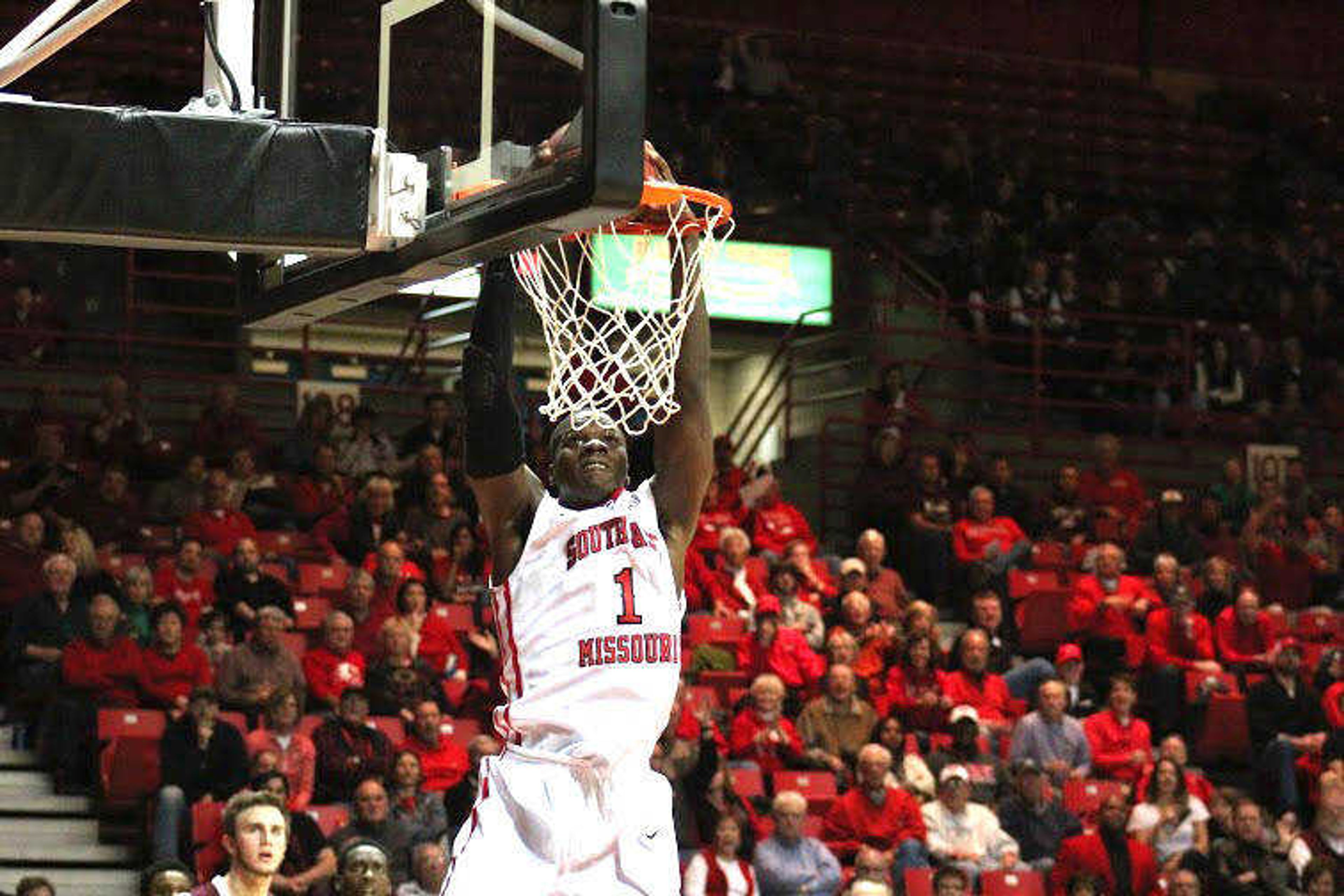 Senior forward Nino Johnson going to the rim against SIU-Carbondale on Dec. 10 at the Show Me Center. (Photo by J.C. Reeves)