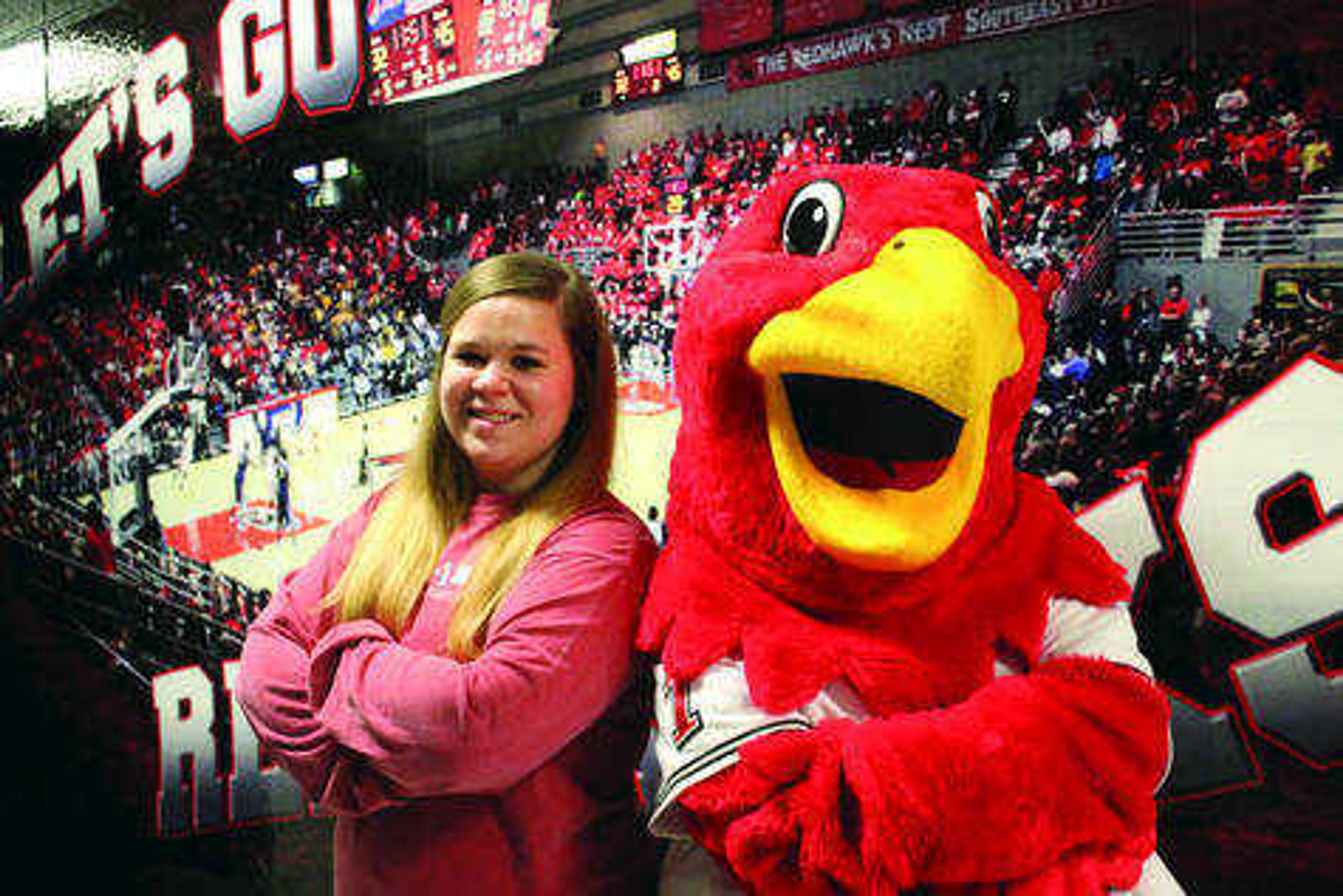 Senior Chelsea Nesbit spent all of her four years at Southeast Missouri State University as one of the three students as Rowdy the Redhawk. Photo by Sean Burke