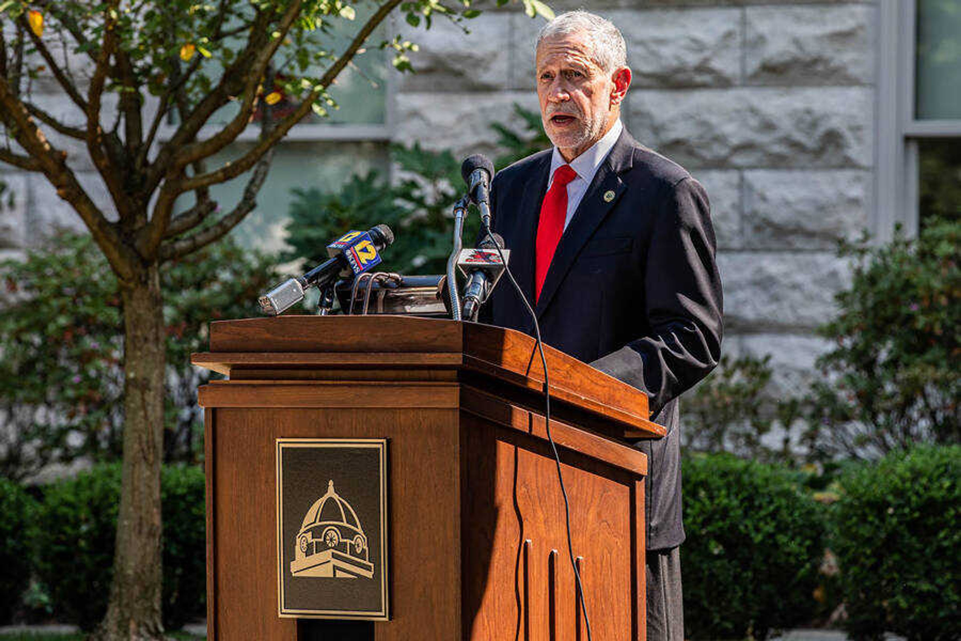 President Carlos Vargas speaks at a press conference outside Academic Hall on Sept. 9.