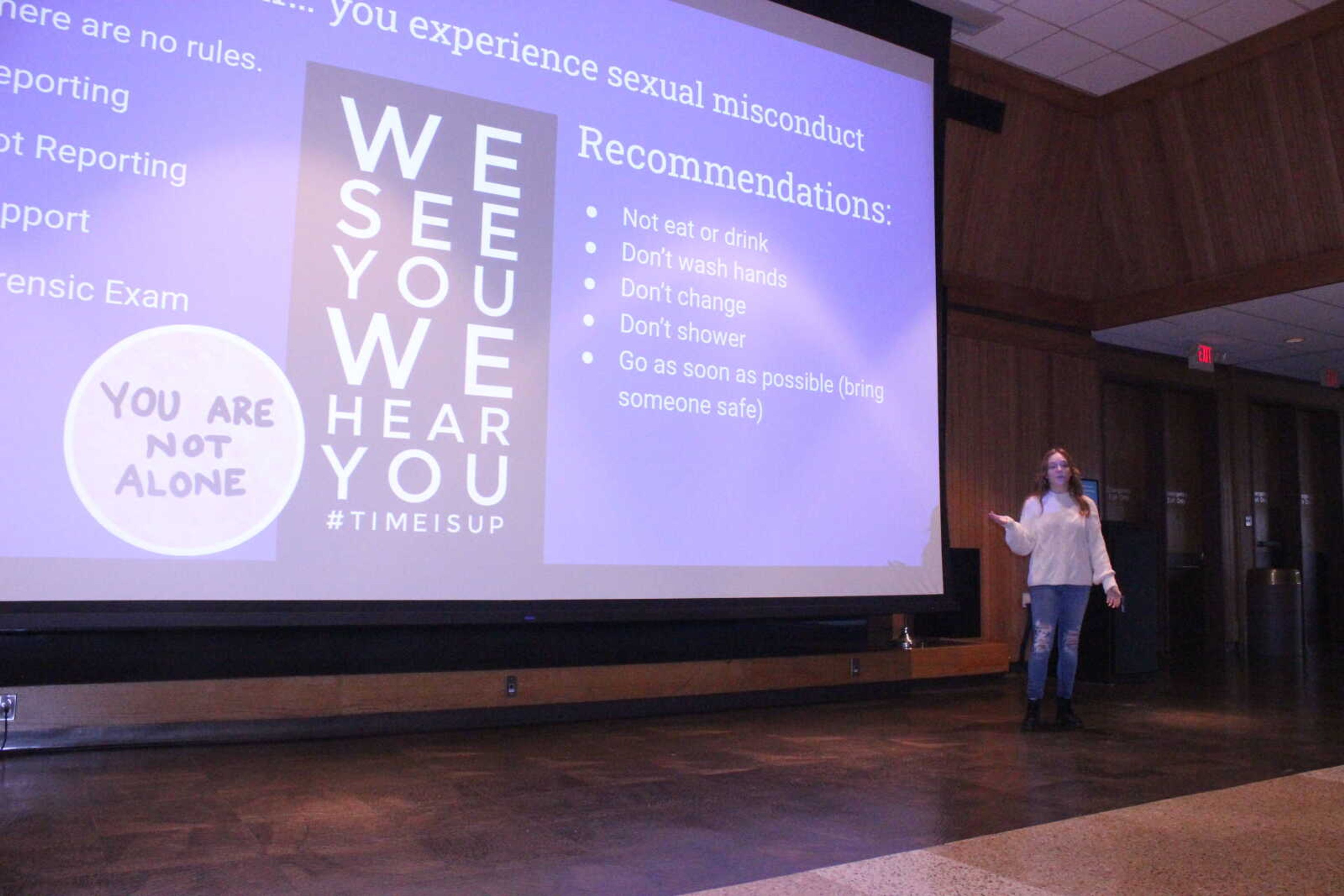 Vice President of Redhawks Rising Haley Hawkins presents on sexual violence at the Love Safe Day event Feb. 17. The event was a partnership between Redhawks Rising and SAC.