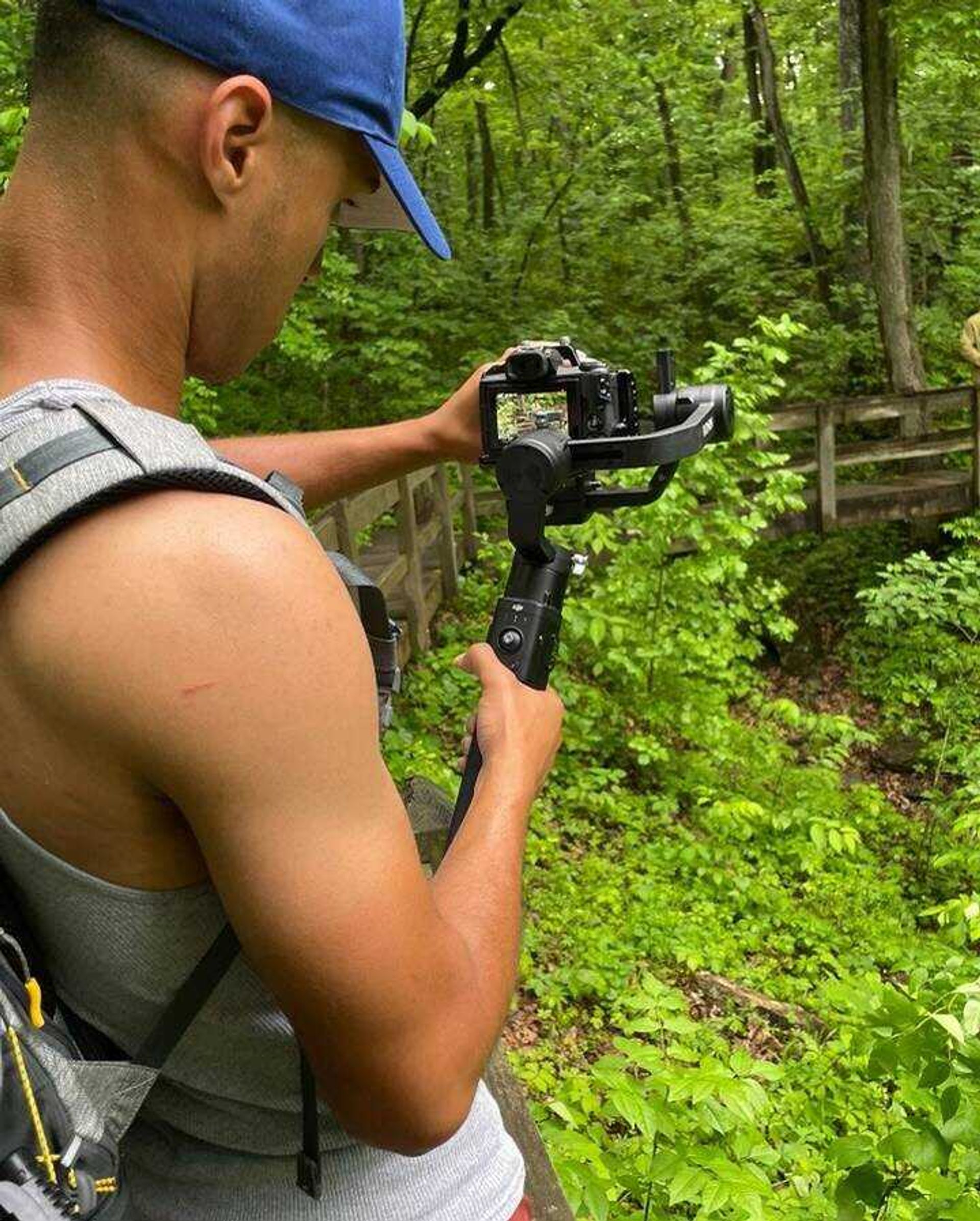 Super Senior Thomas Eutzy at Inspiration Point Trails in Illinois using his Canon m50 on a Ronin SC Gimble to stabilize.