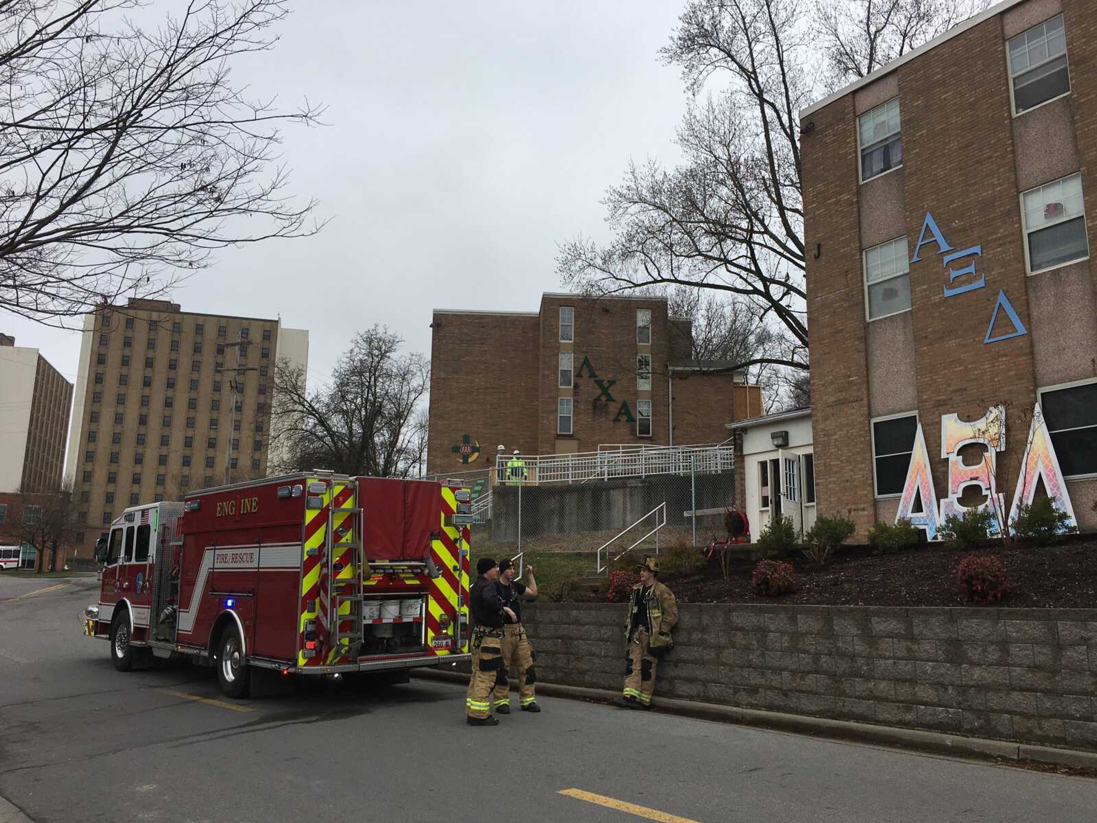 Firefighters from the Cape Girardeau Fire Department gather outside the J building on Greek Hill to address a possible gas leak on Thursday, Jan. 30.
