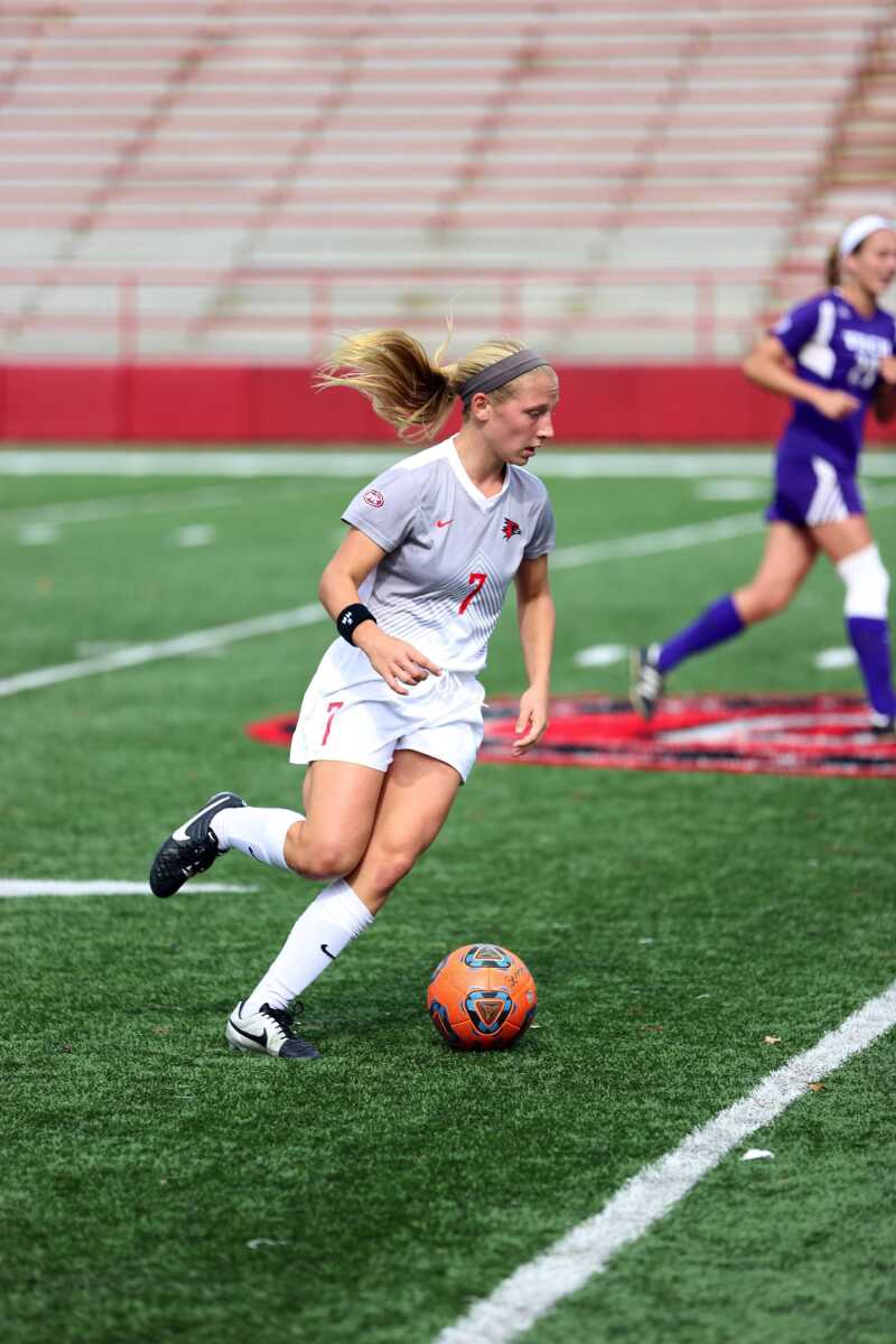 Freshman forward/defender Lauren Kaempfe takes the ball down the field in Southeast's women's soccer match against Tennessee Tech on Oct. 25 at Houck Stadium.