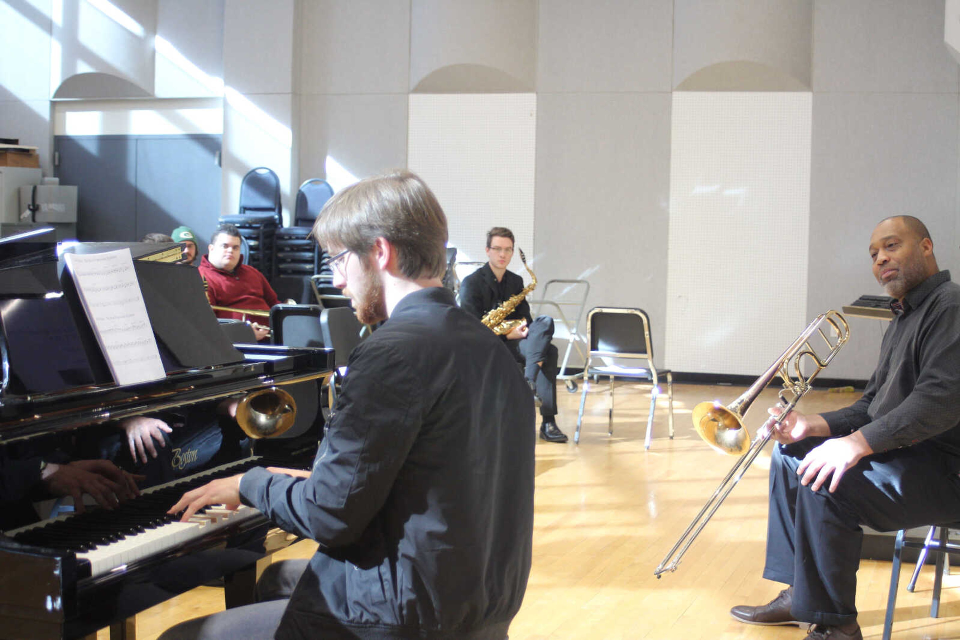 Landon Schnurbusch demonstrates his piano chops during an improvisation clinic hosted by Andre Hayward during the Clark Terry/ Phi Mu Alpha Jazz Festival on Feb. 2.