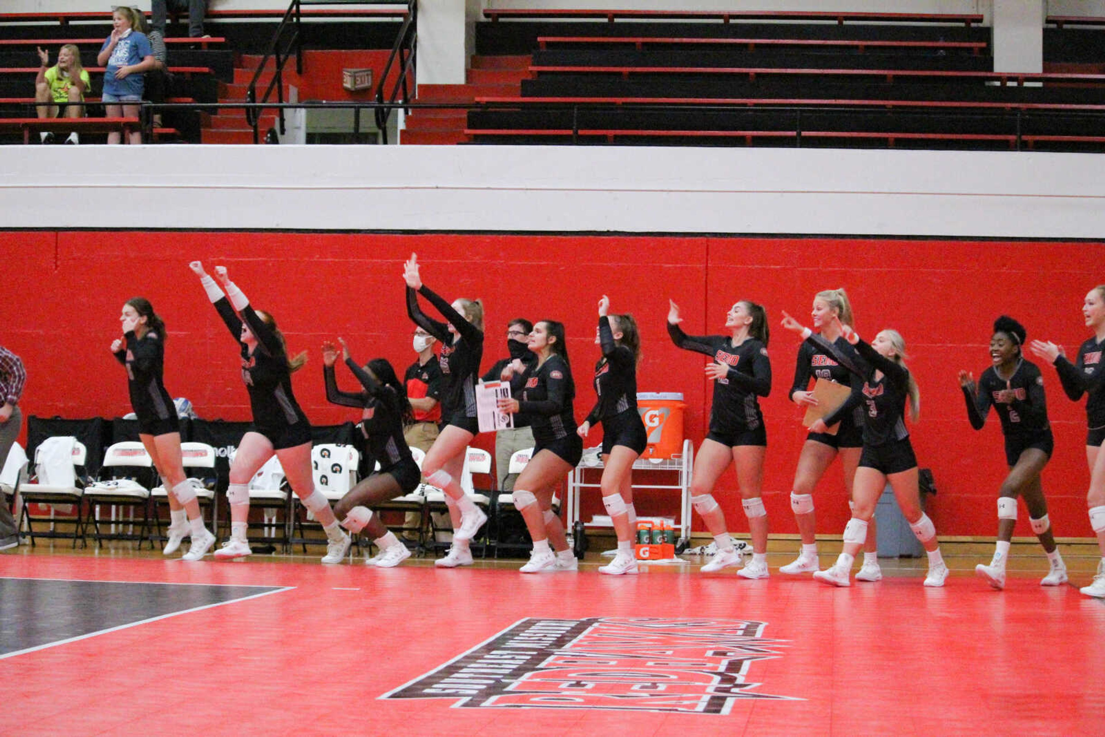 Members of SEMO volleyball celebrate during their four set win over Marshall on Sept. 10 at Houck Fieldhouse in Cape Girardeau