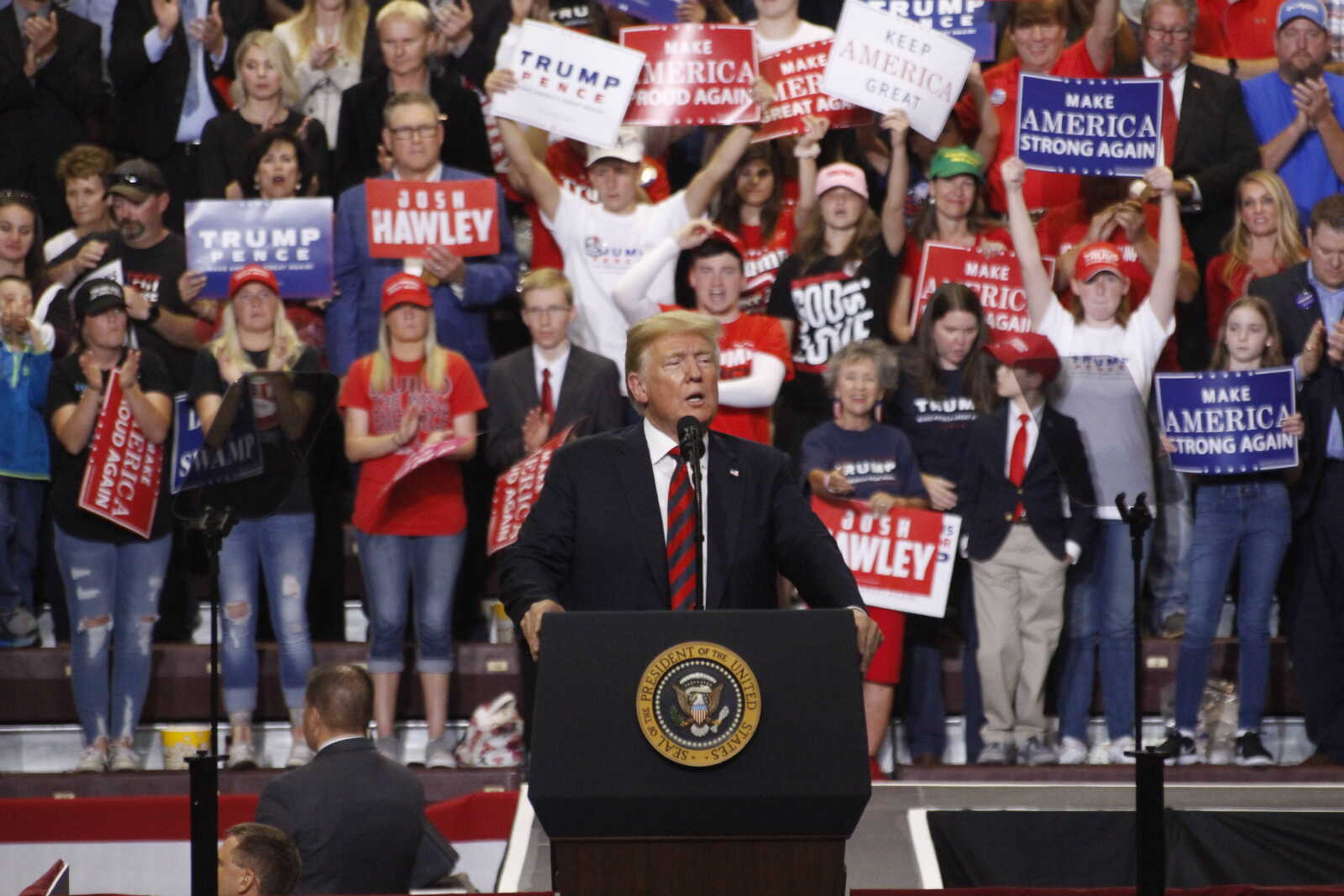President Donald Trump speaks at the JQH Arena in Springfield, Mo. Sept. 21.
