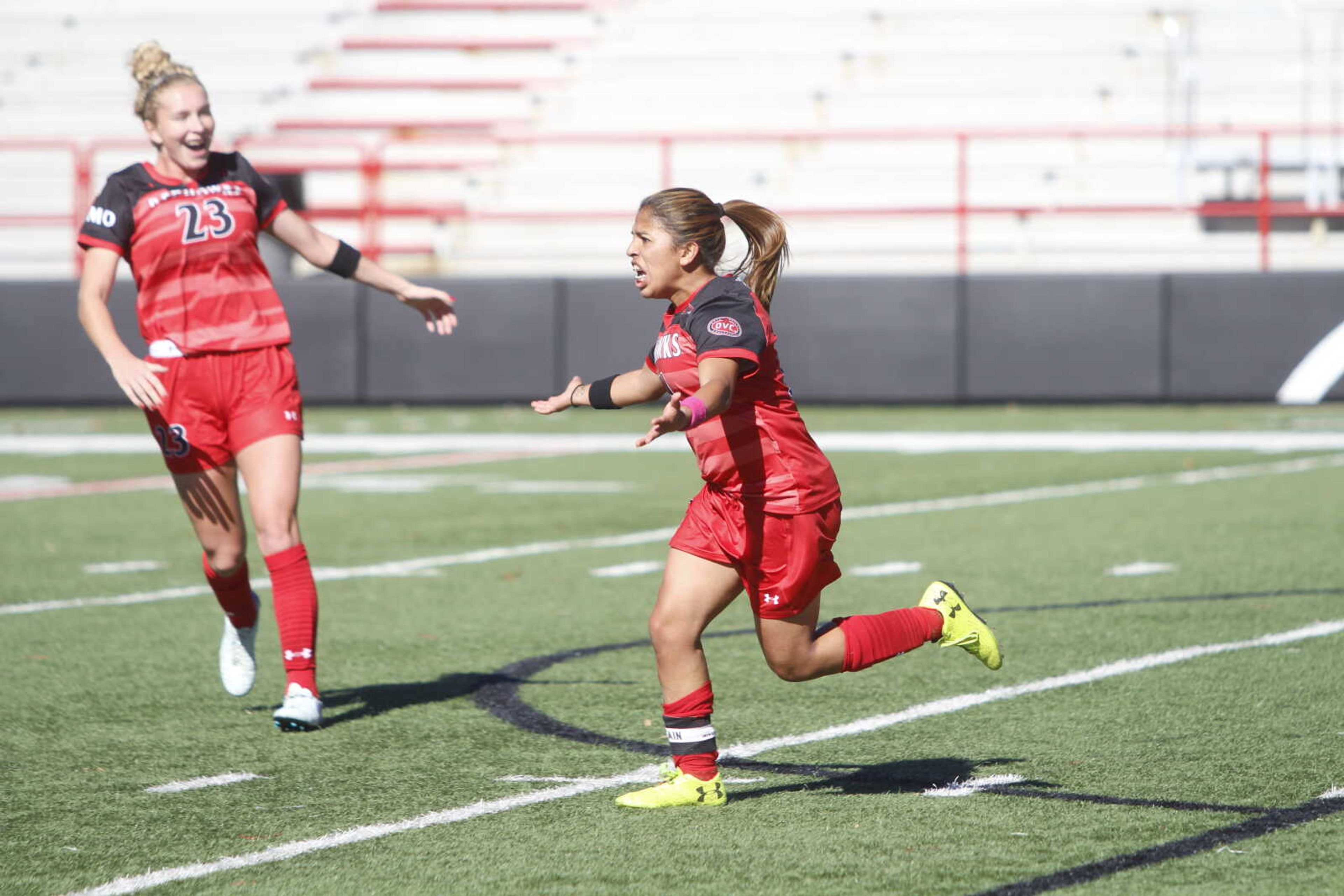 Junior midfielder Esmie Gonzales celebrates after scoring her eighth goal of the season in first half against Austin Peay on Oct. 21.