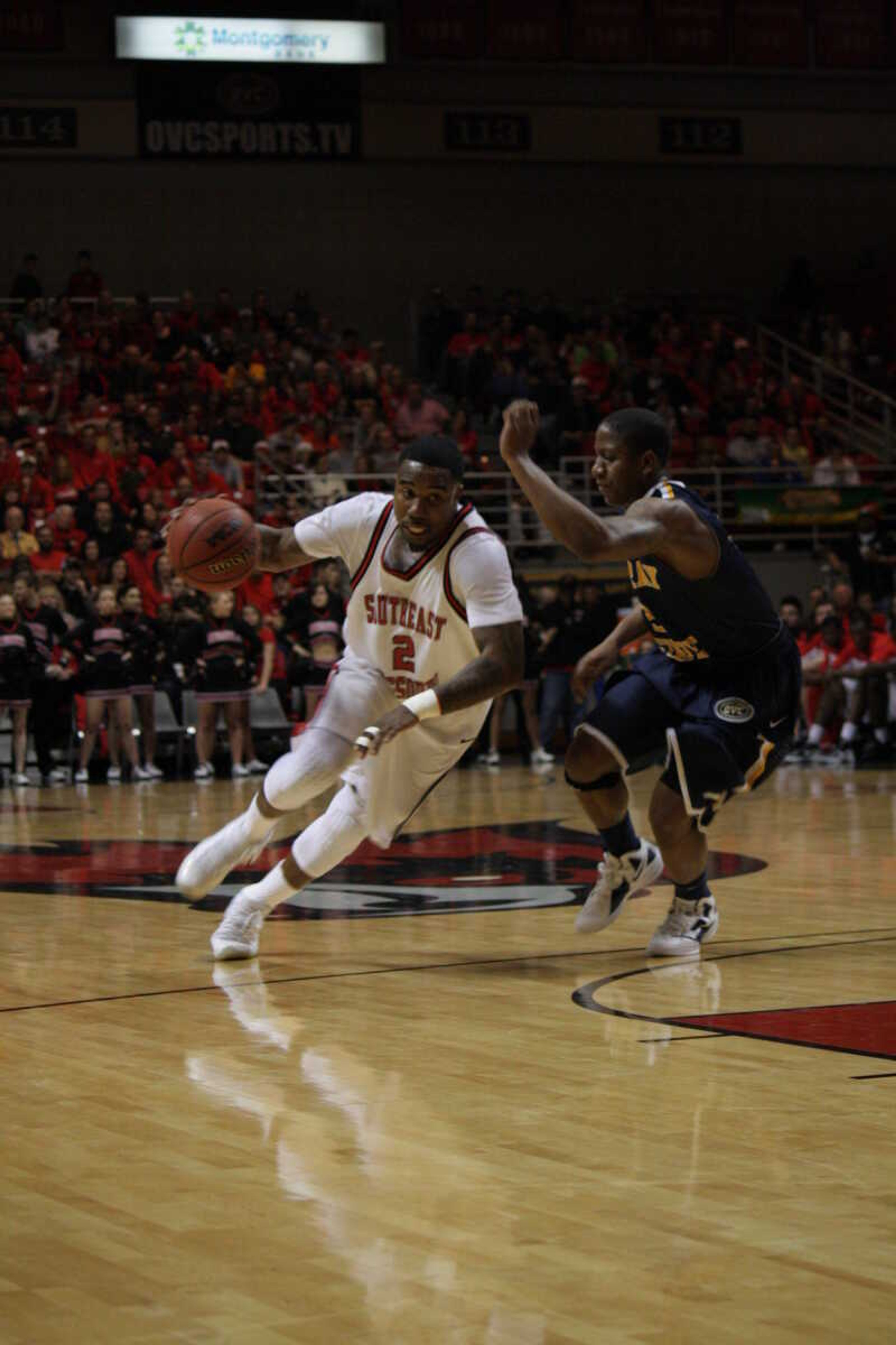 Marcus Brister dribbles around Isaish Canaan in the first half of Wednesday's game. Murray State defeated Southeast 75-66.
