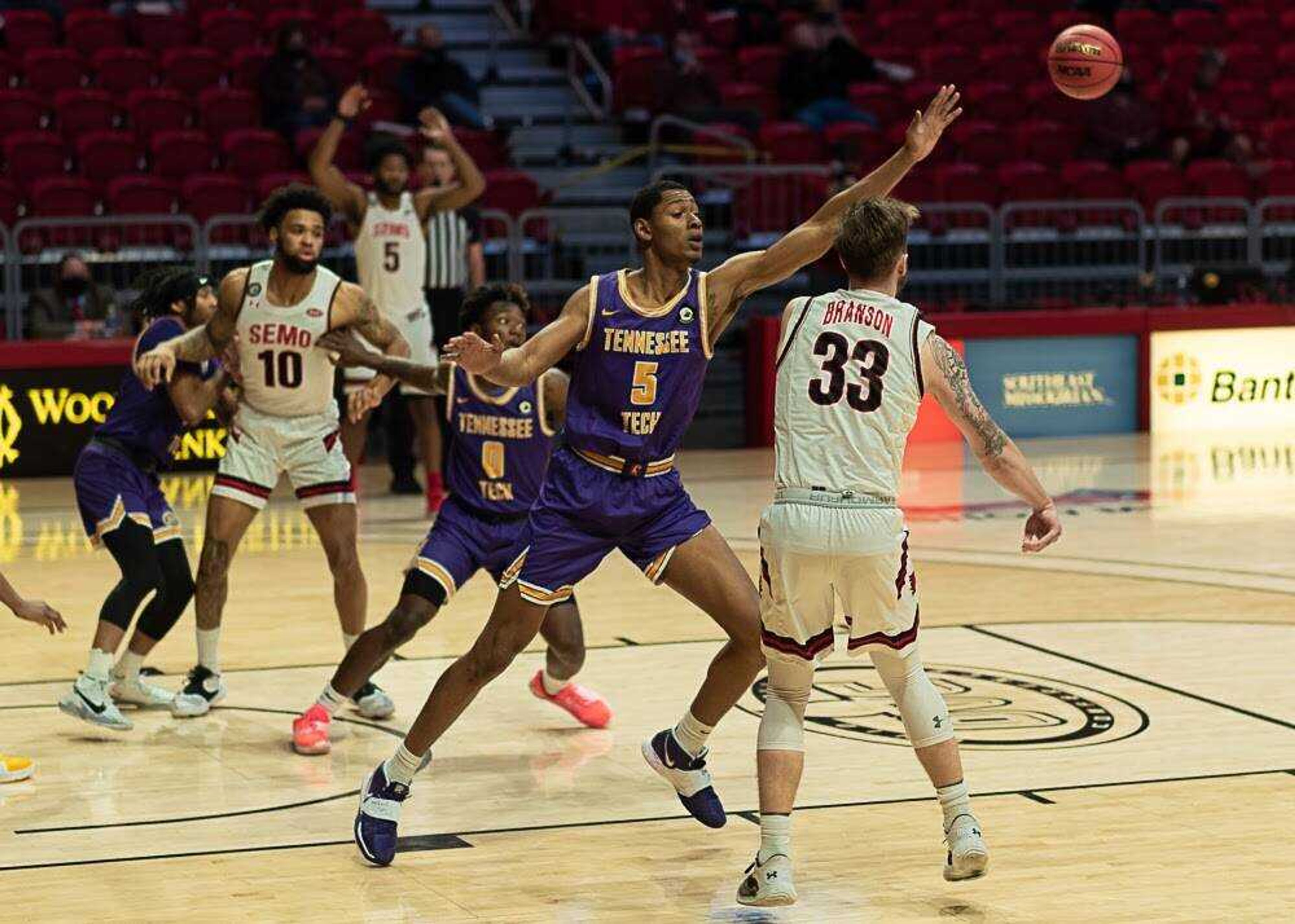 Freshman forward Dylan Branson passes the ball during Southeast's 68-64 win over Tennessee Tech on Feb. 4 at the Show Me Center in Cape Girardeau.