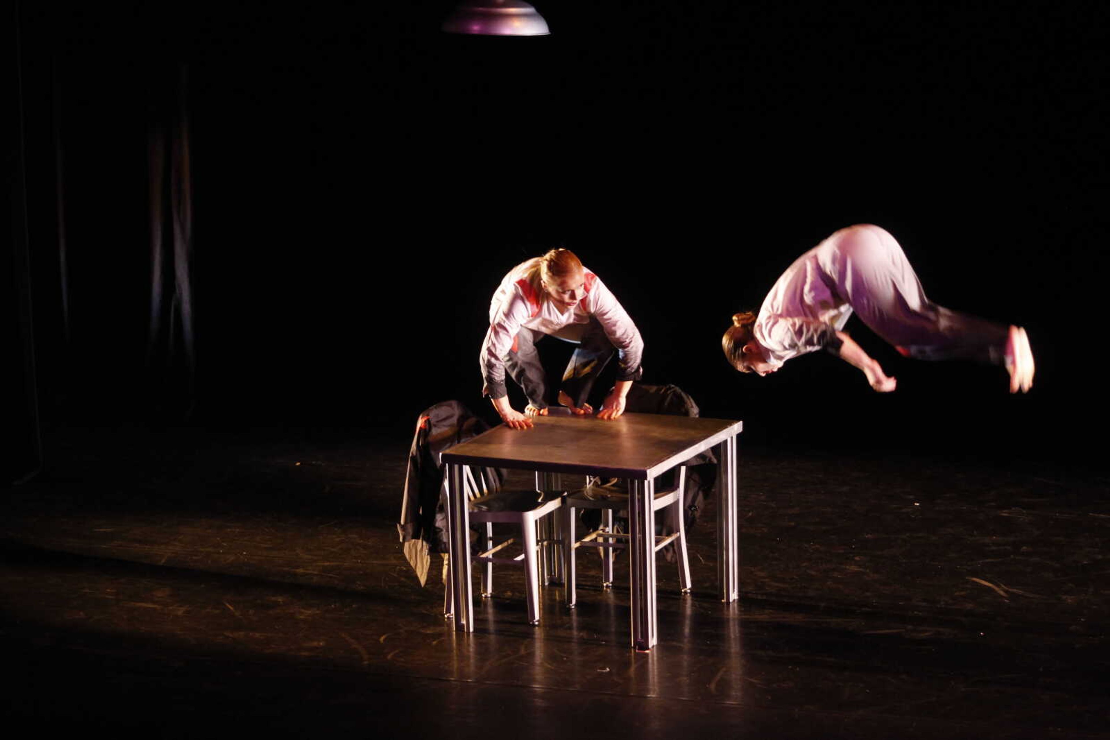 Southeast dance students Maggie Stein and Dani Tuegel performing the piece "Polite Peoplel" during 'Spring into Dance' April 4 at Bedell Performance Hall.