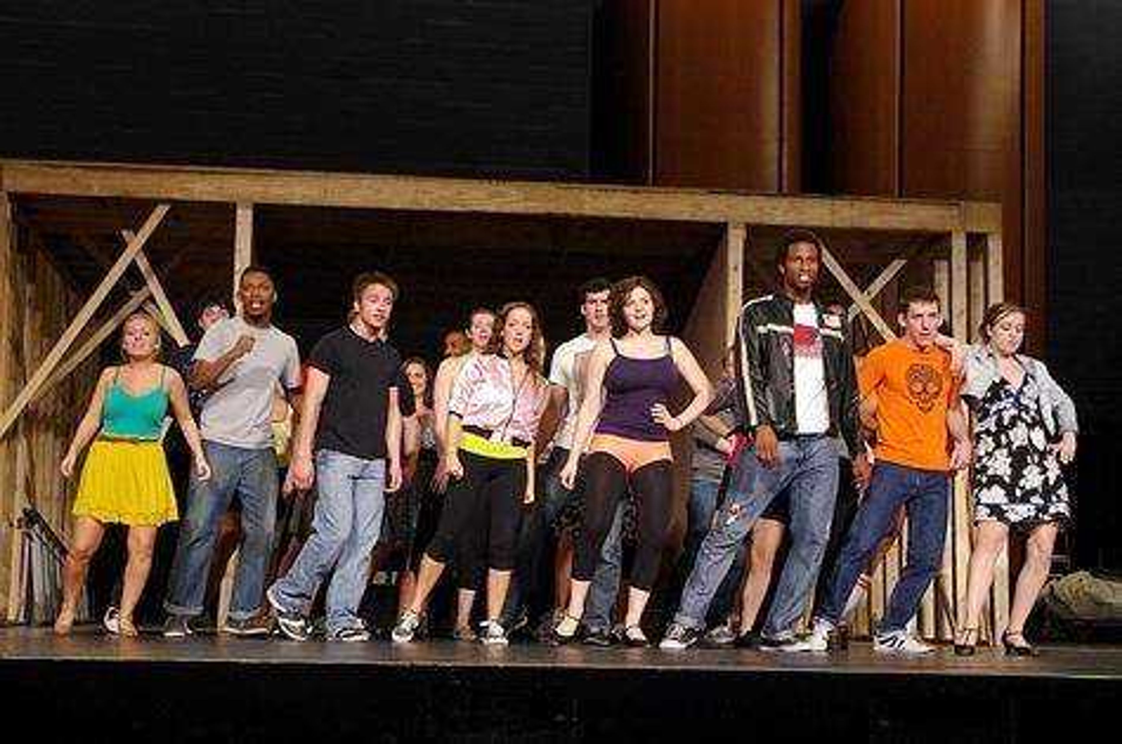 The cast of the upcoming production "Grease" rehearse a musical number at Donald C. Bedell Performance Hall. Photo by Nathan Hamilton