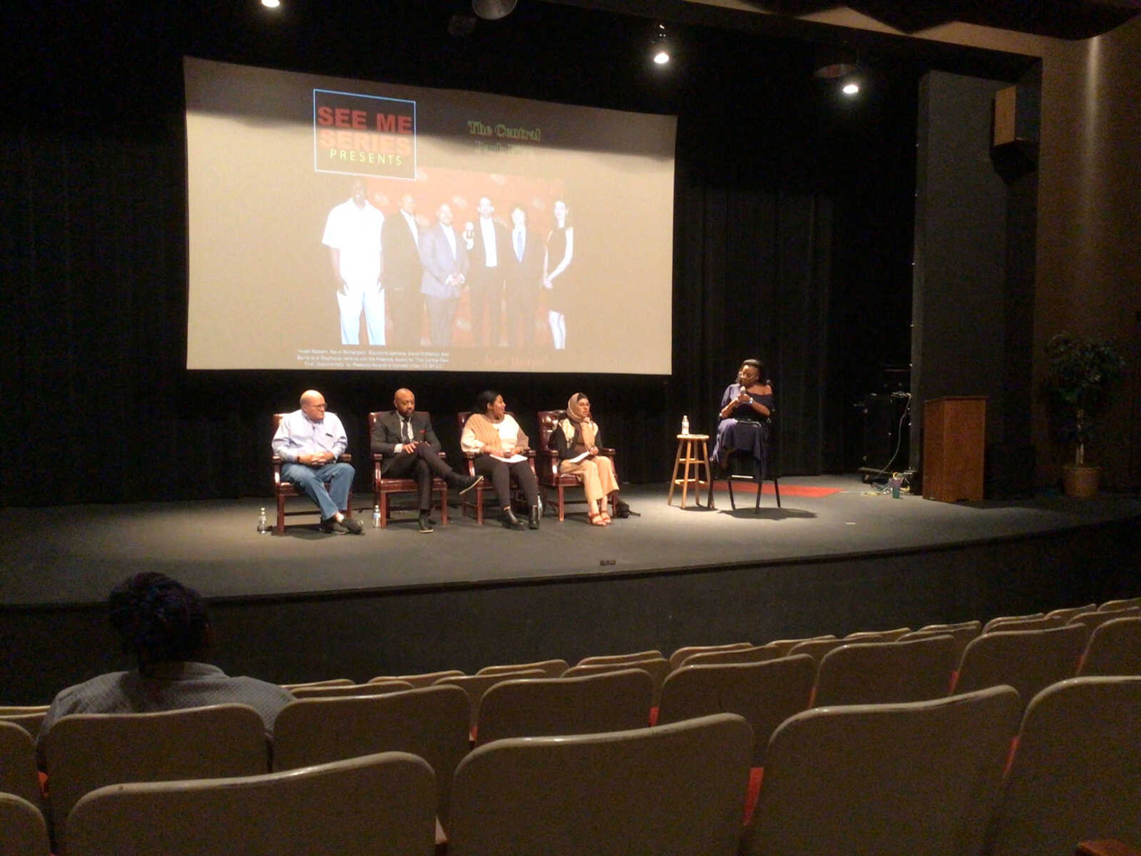 SEMO Mass Media Professor Jasmine Evans asks panelists questions at the See Me Series event. The "See Me Series" talked about the Ken Burns documentary "The Central Park Five".
