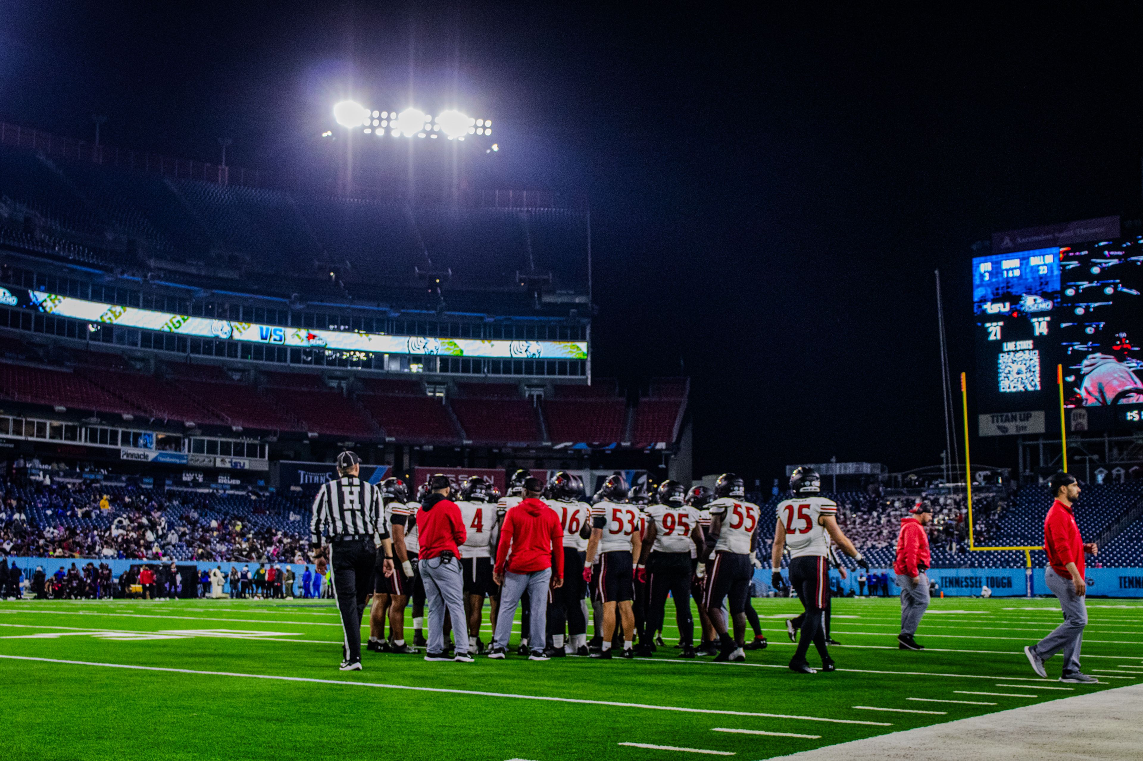 The SEMO football team huddles to prepare a play during the game against TSU. 