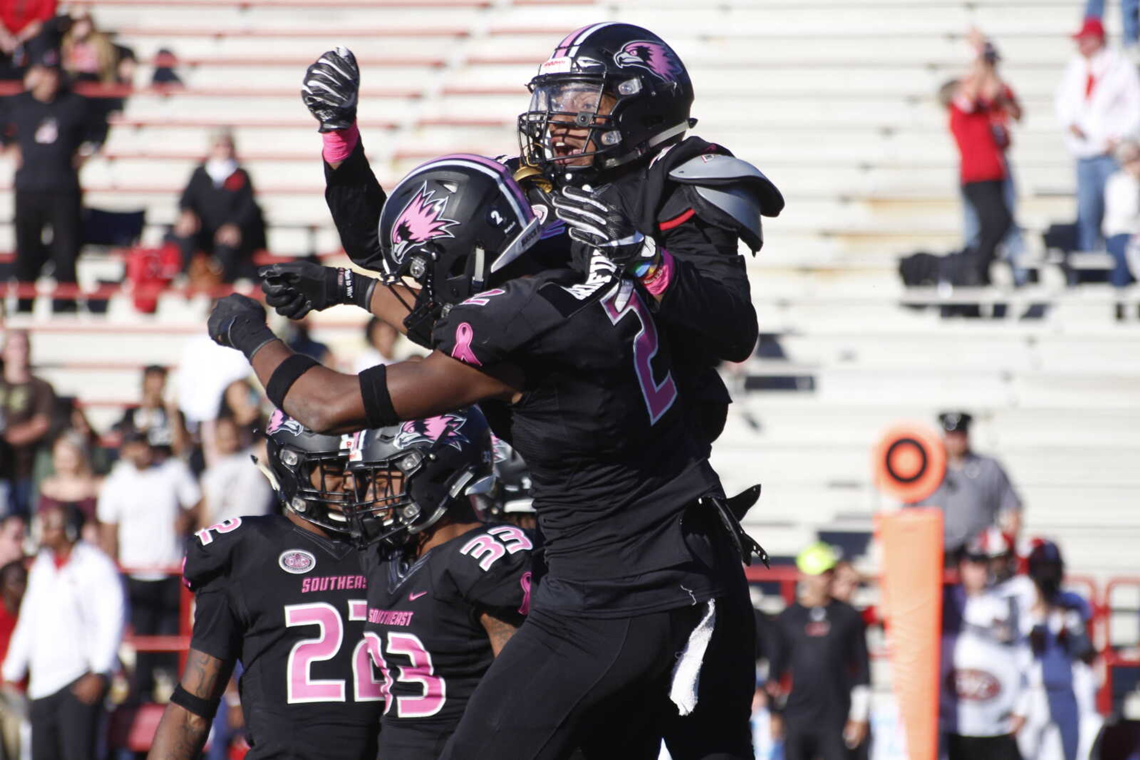 Bydarrius Knighten and Omardrick Douglas celebrate another interception during the Oct. 20 game against the Jacksonville State at Houck Field.