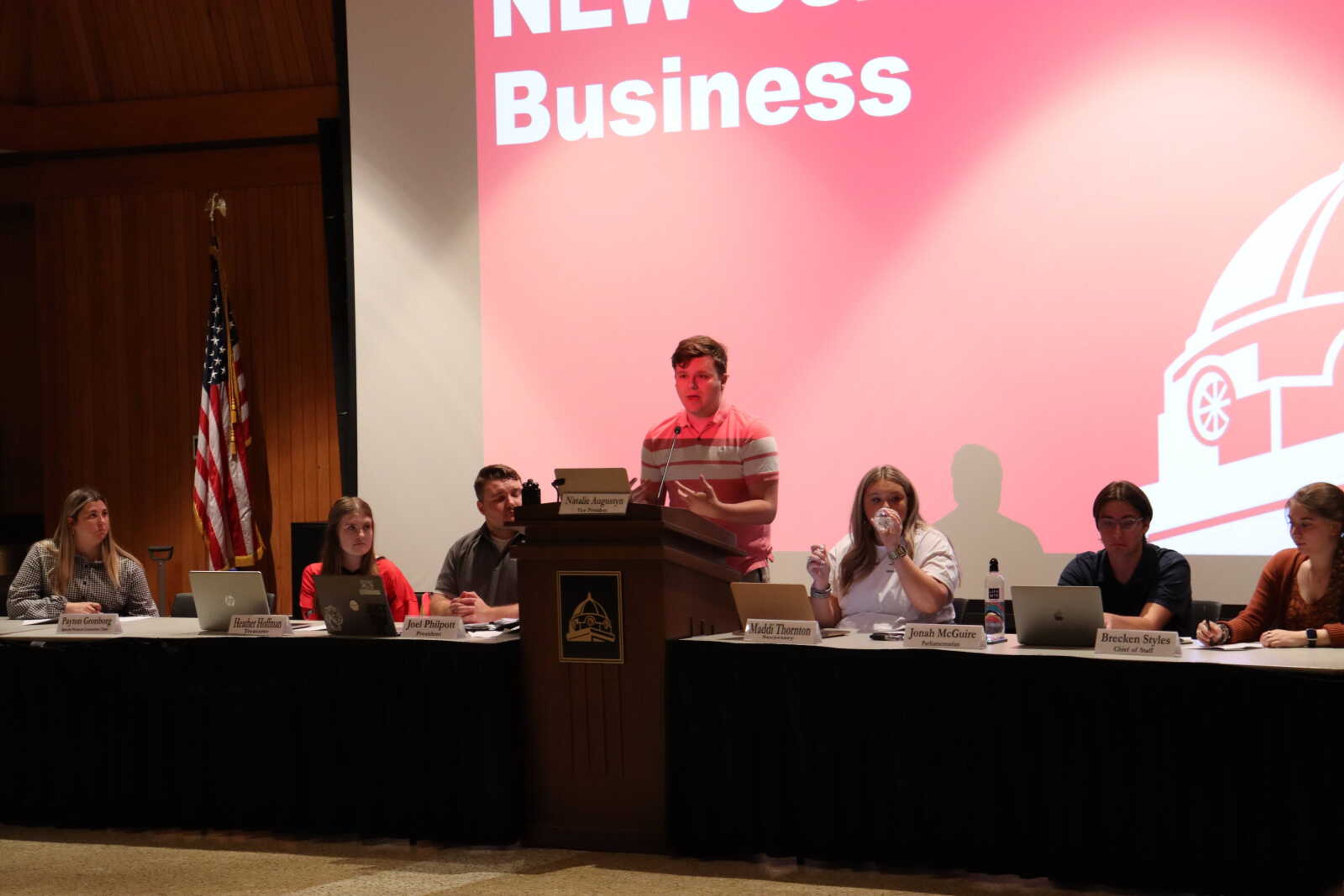 SEMO student Tyler Helm presents his funding request to attend the Central Illinois NATS Conference and Student Audition. Like many other students and student organizations, speaking before SGA is a major part of receiving requested funding.