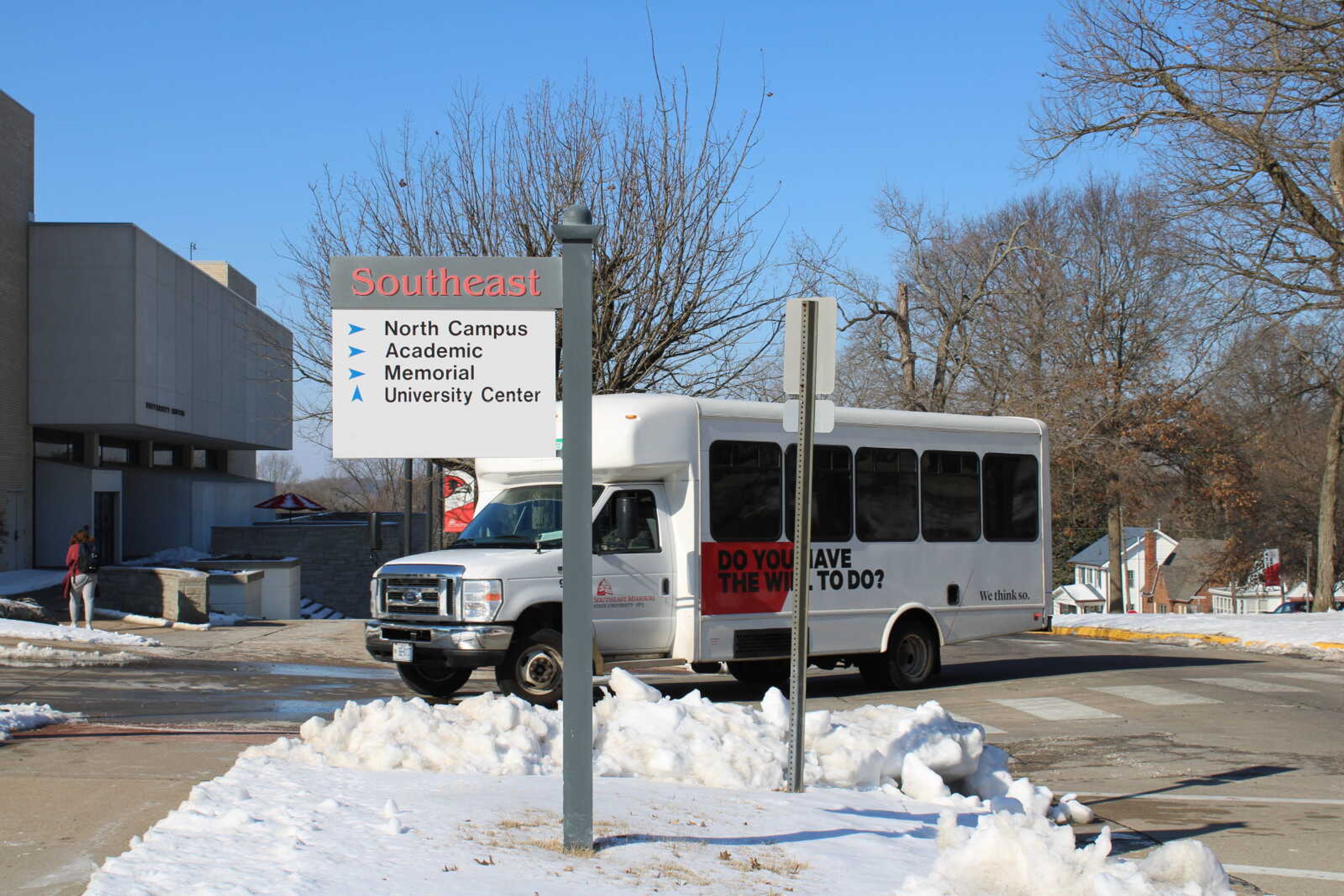 The green route shuttle bus, outside the University Center, circuits through campus every 20 minutes. It uses a tablet with an in-house application to send information to Shuttle Track, which has been down as of Jan. 26.
