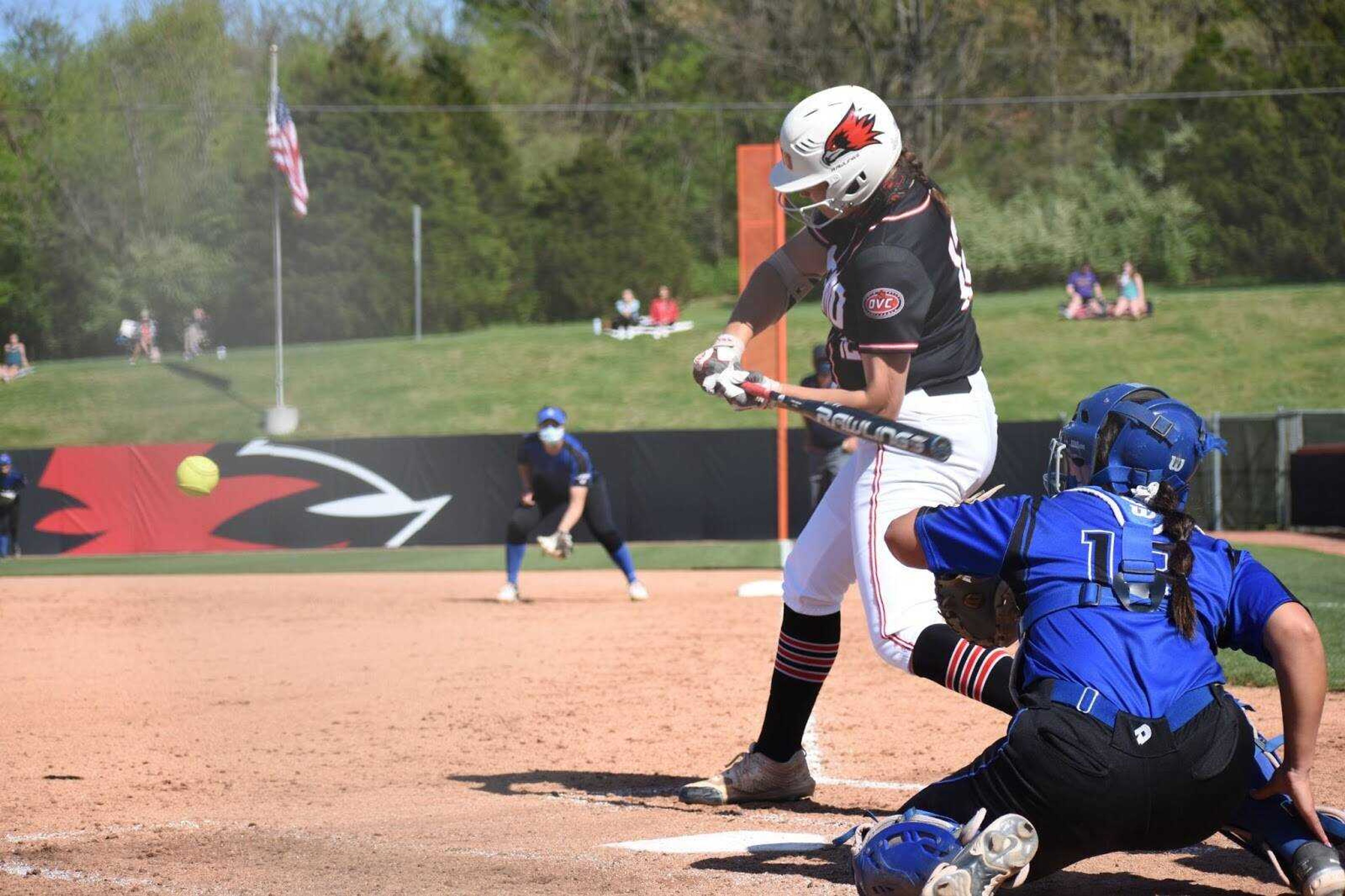 Freshman infielder Katie Dreiling takes a swing during Southeast's 2-0 win over SLU on April 14 at the Southeast Softball Complex in Cape Girardeau.