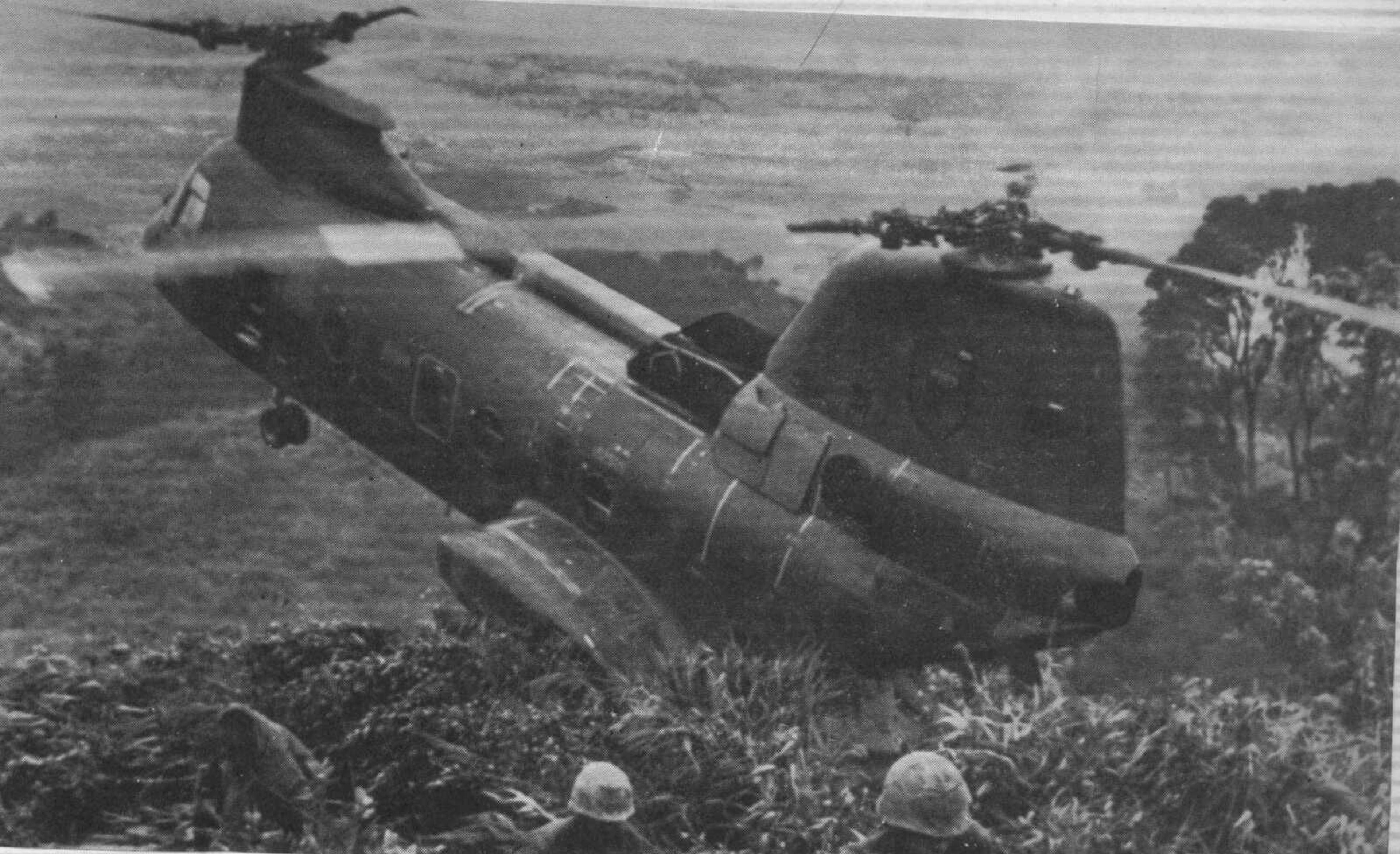 A CH-46 off loading Marines into the Ashua Valley in Vietnam.