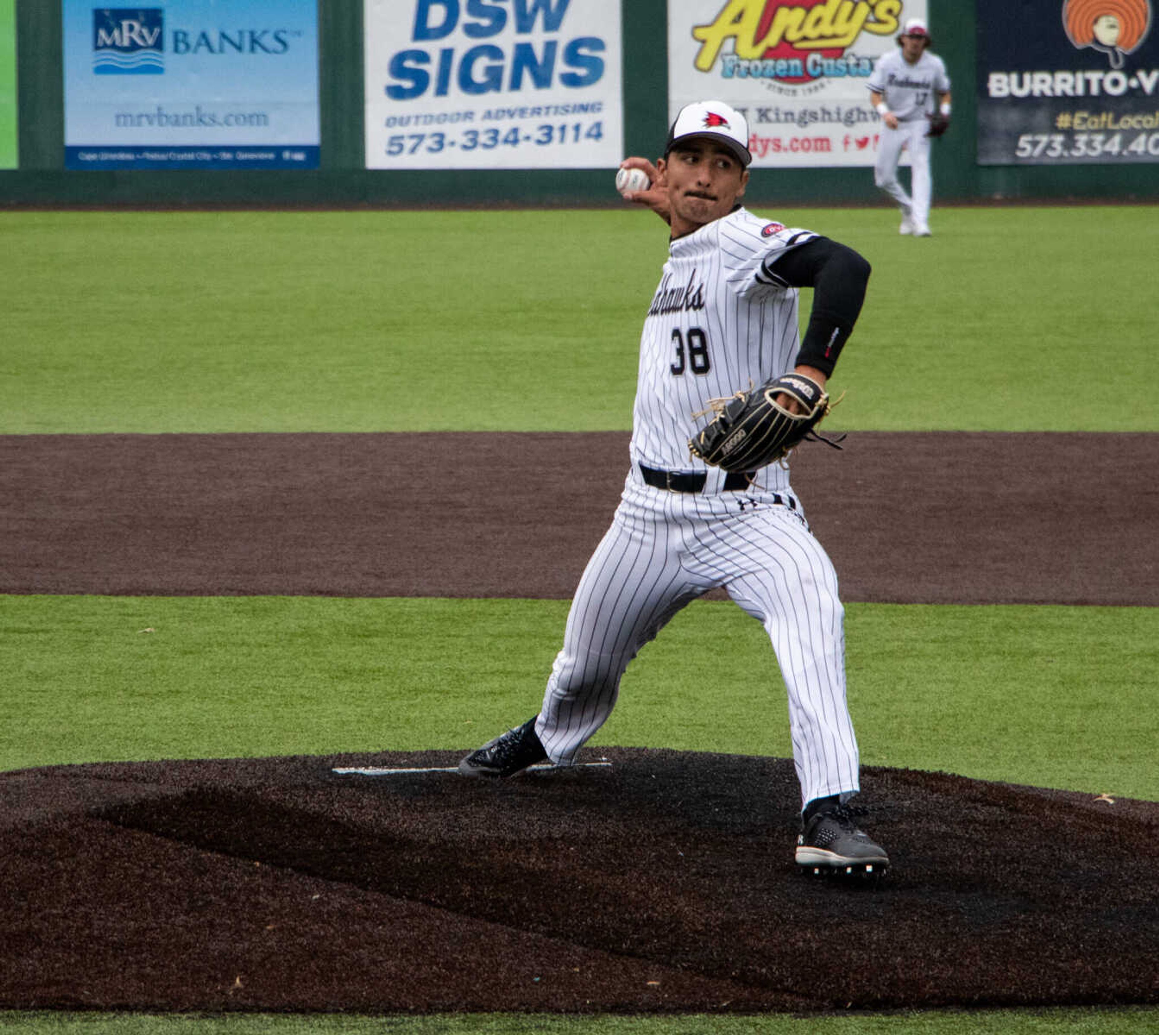 Right handed pitcher Esteban Hernandez (38) begins to throw a pitch to the Evansville Aces. He struck out one batter and allowed two runs during the March 1 game.