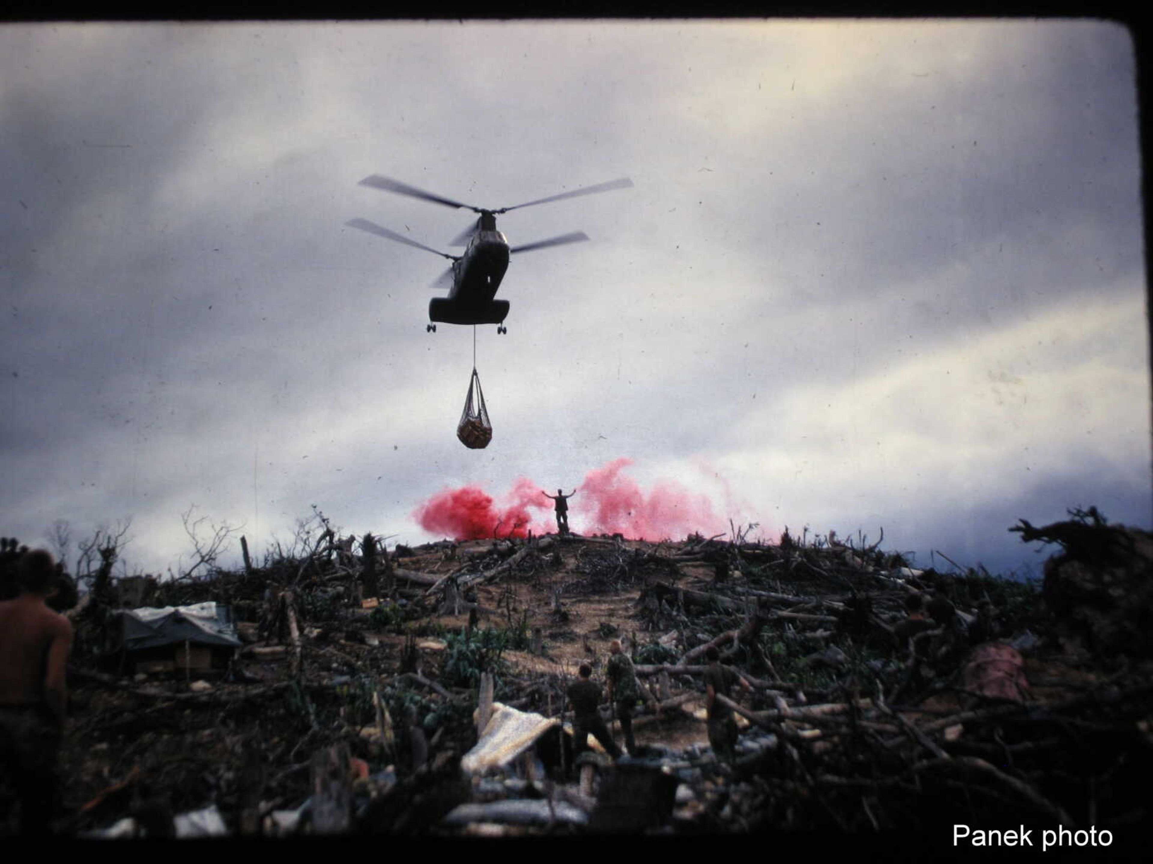 A CH-46 helicopter resupplies Marines in Vietnam, LZ Catapult (Hill 477)
May 9-June 11, 1969.