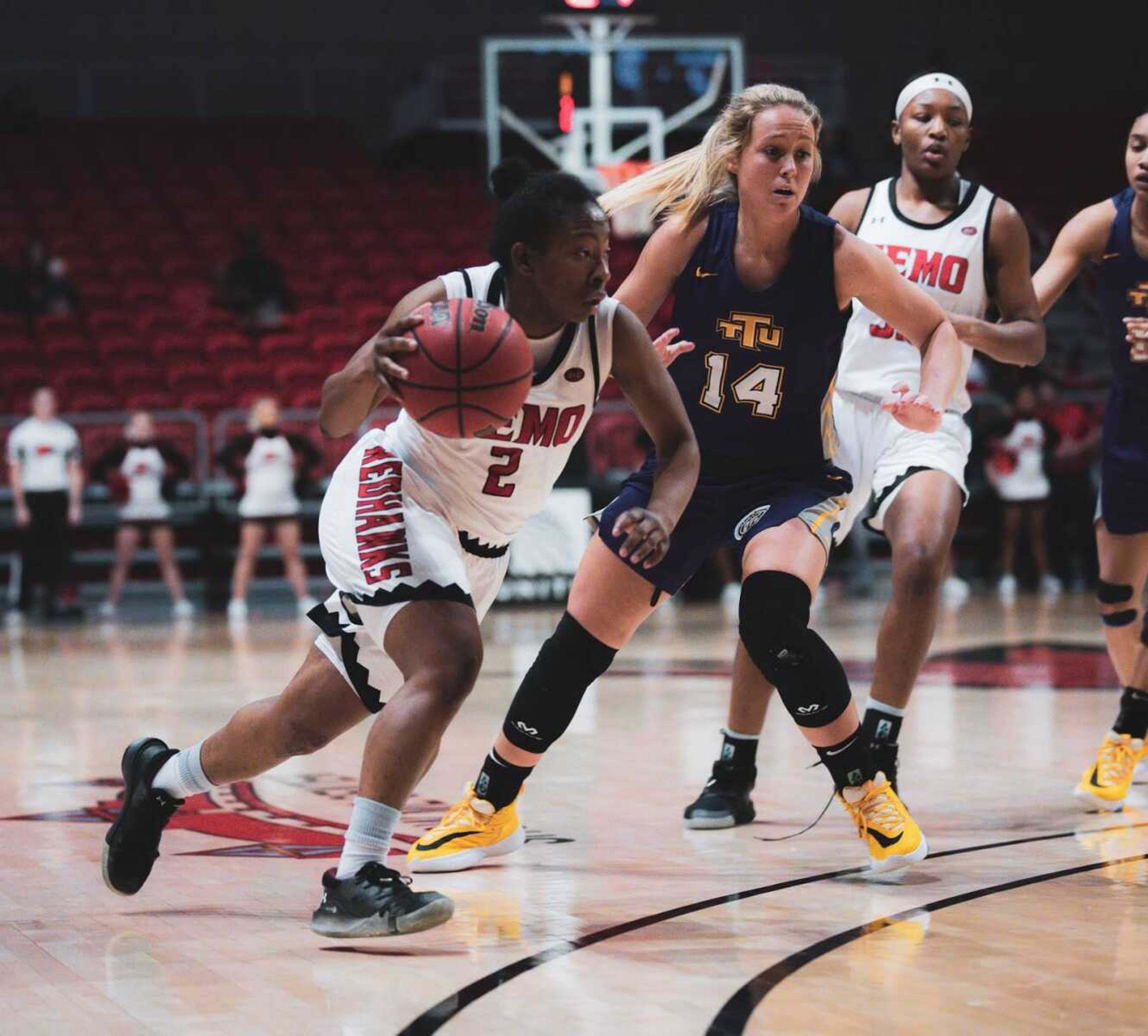 Senior guard Carrie Shephard drives against Tennessee Tech on Feb. 8 at the Show Me Center.